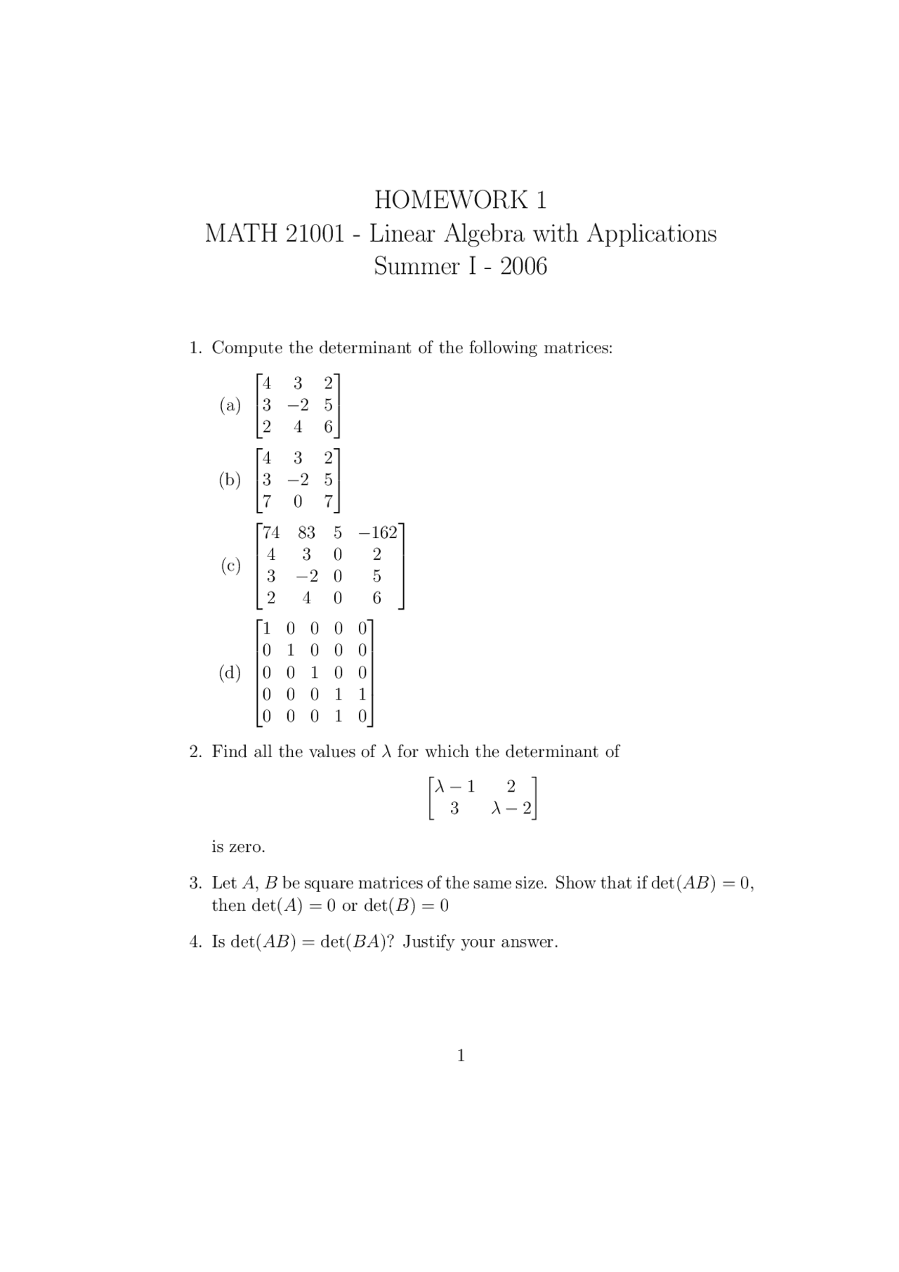 Linear Algebra and Applications - Assignment 1 | MATH 21001 - Docsity
