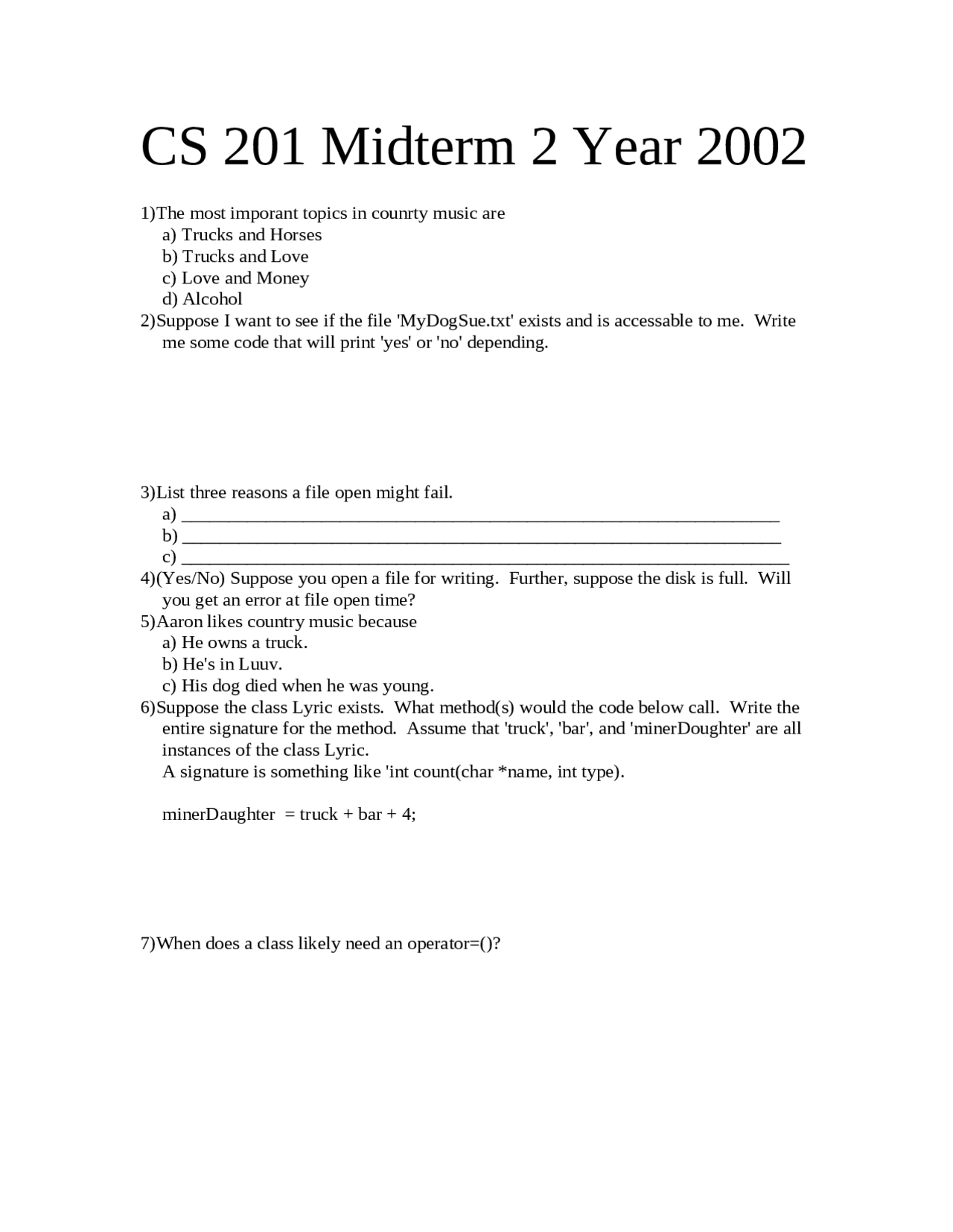 10 Questions Midterm Exam #2 - Programming in C++ | CS 201 - Docsity