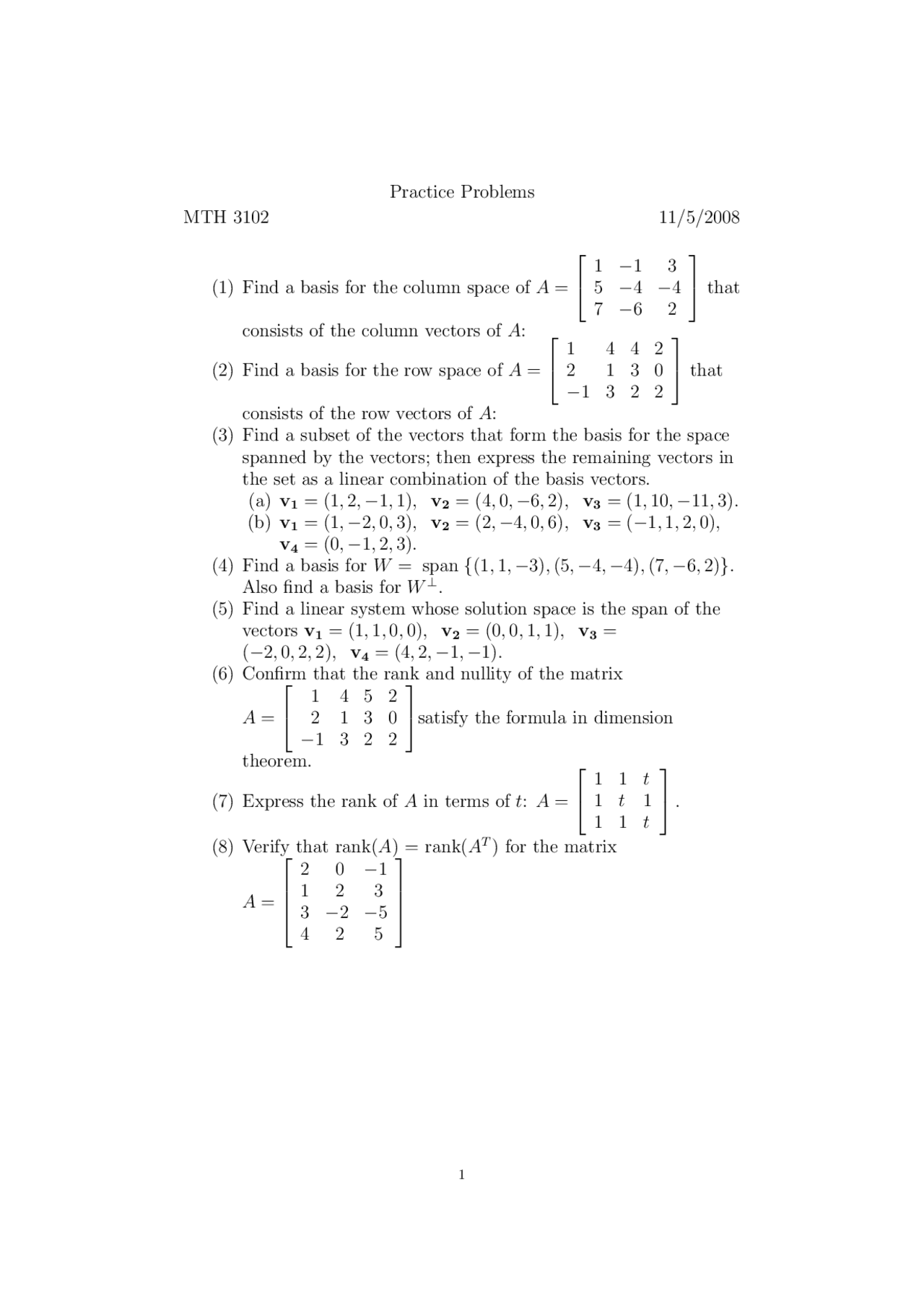Introduction to Linear Algebra - Practice Problems | MTH 3102 - Docsity