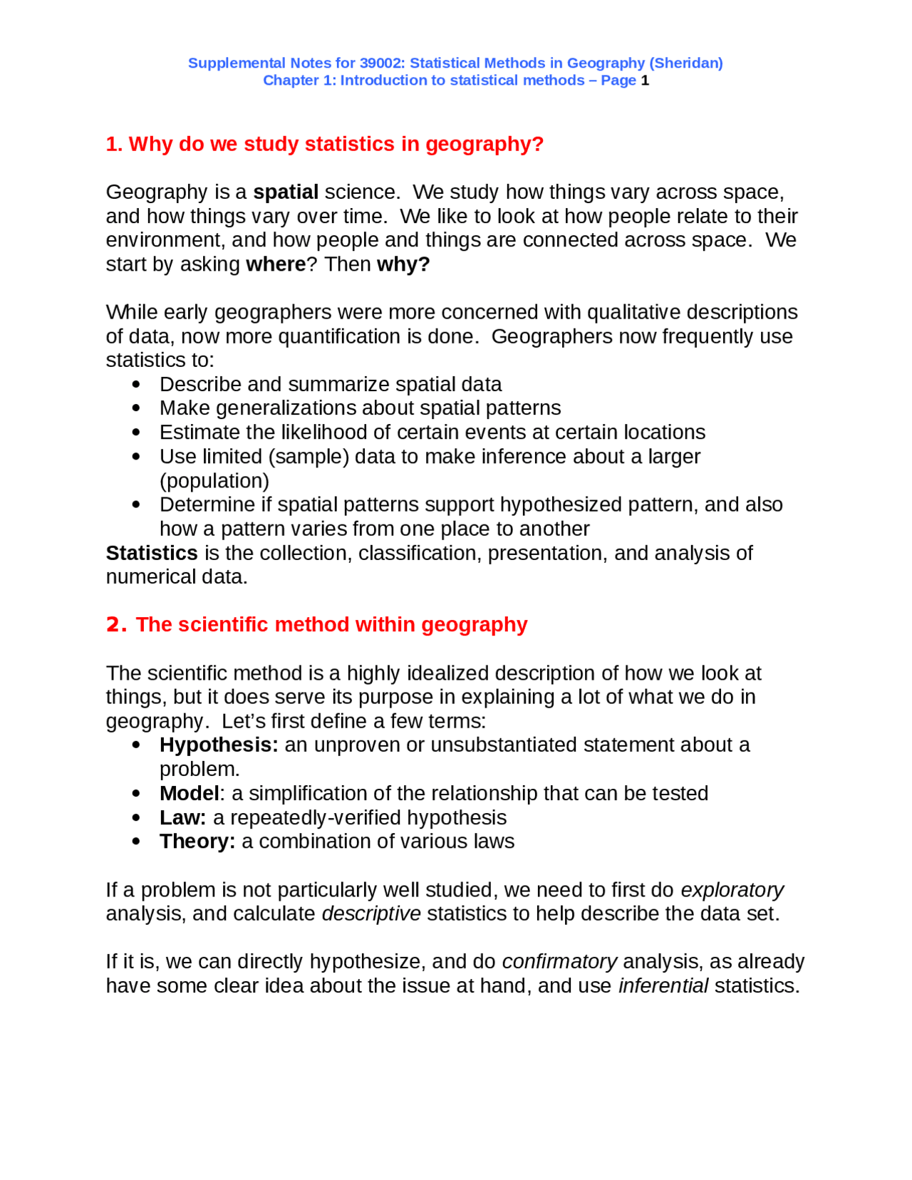 Introduction to Statistical Methods - Lecture Notes | GEOG 39002 - Docsity