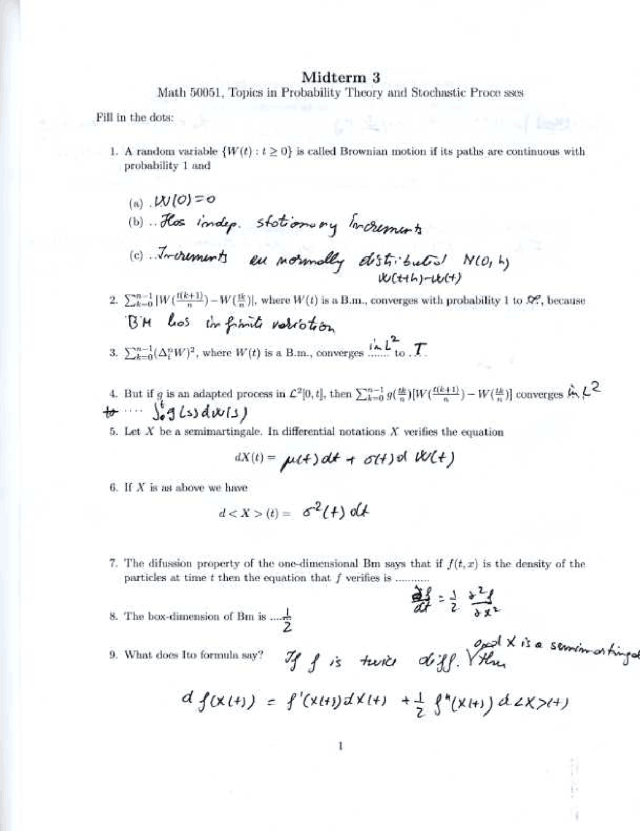 Solutions to Midterm - Topics in Probability Theory and Stochastic ...