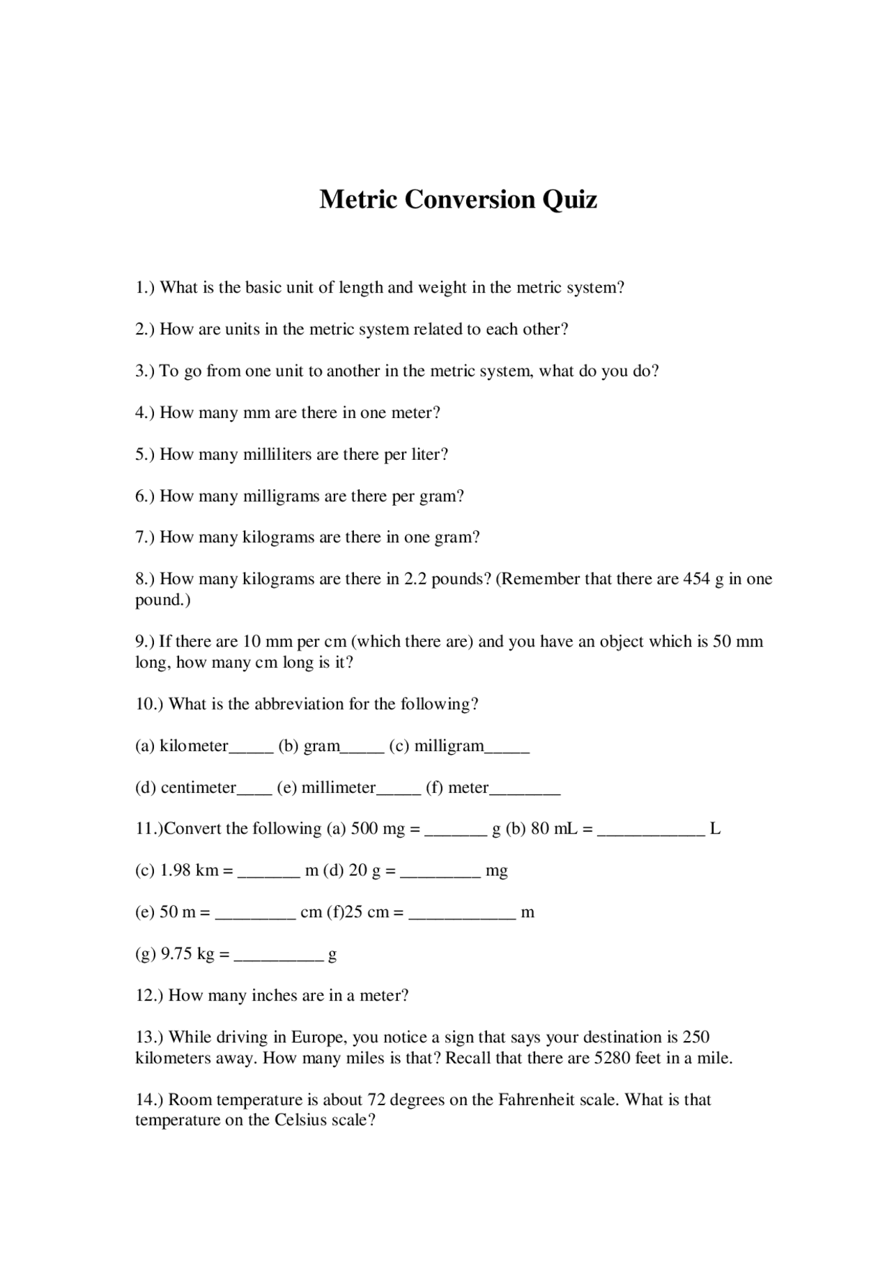 Metric Conversion Quiz Computing For Teachers CS 255 Docsity