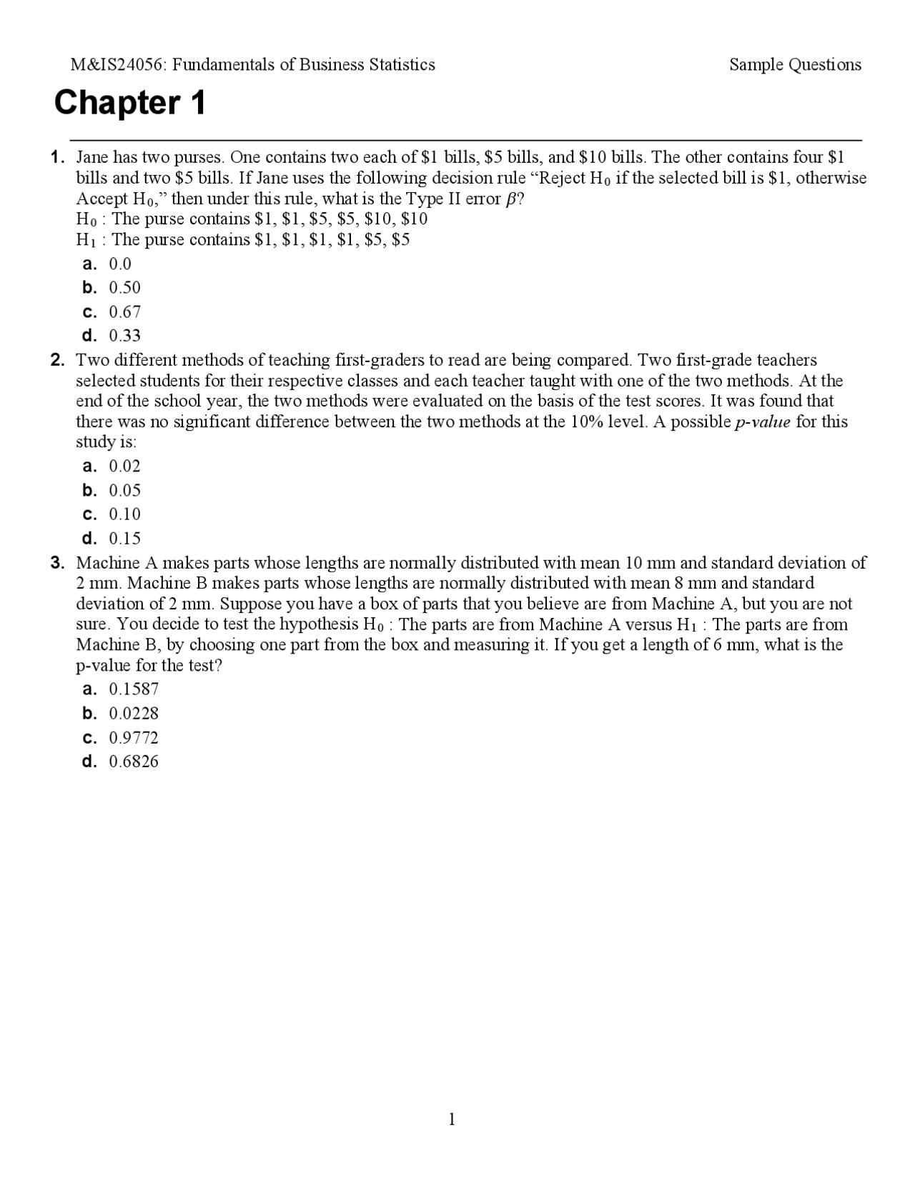 Sample Questions for Fundamentals of Business Statistics | MIS 24056 ...
