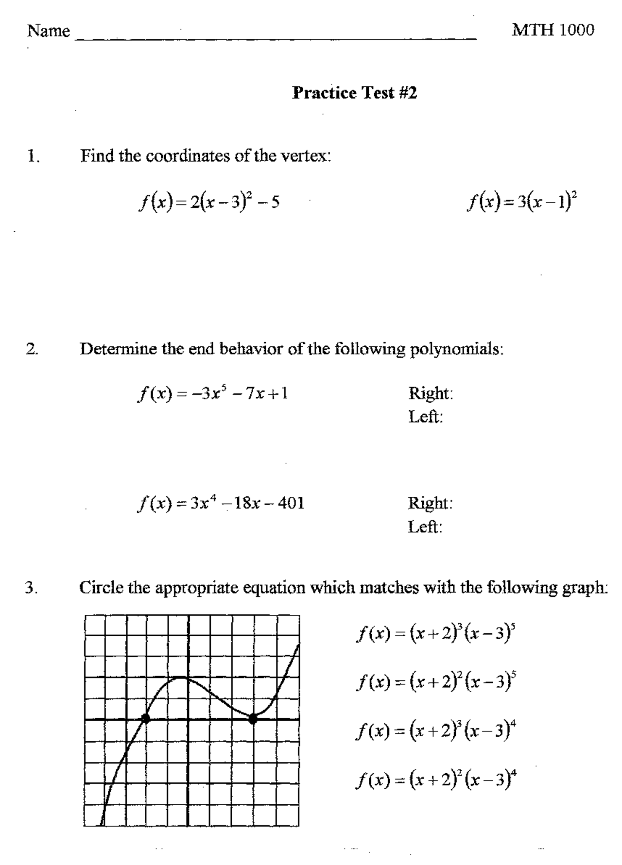 9 Problems on Precalculus - Practice Examination 2 | MTH 1000 - Docsity