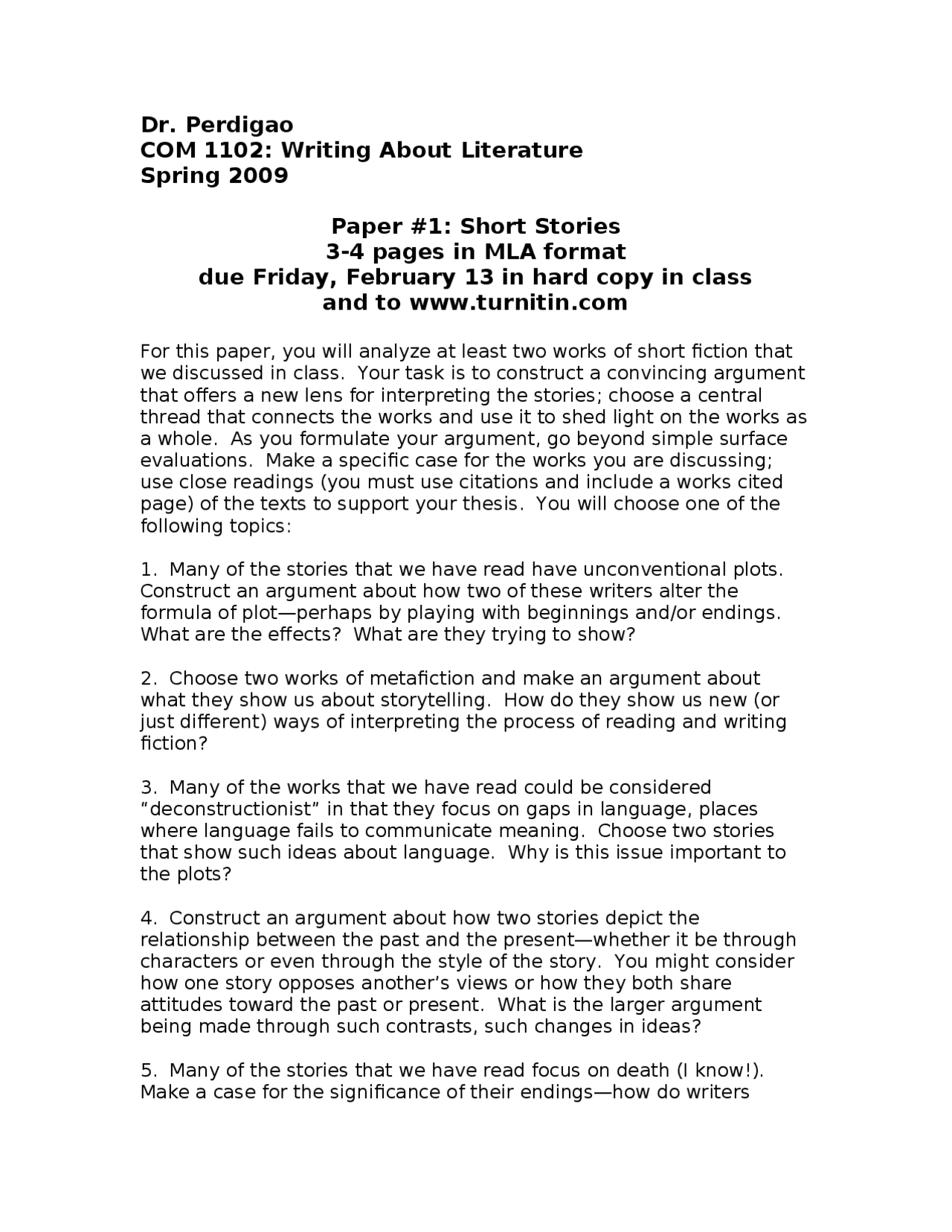Writing Paper Story Example Paper 1: Short Stories - Writing About Literature | COM 1102 - Docsity