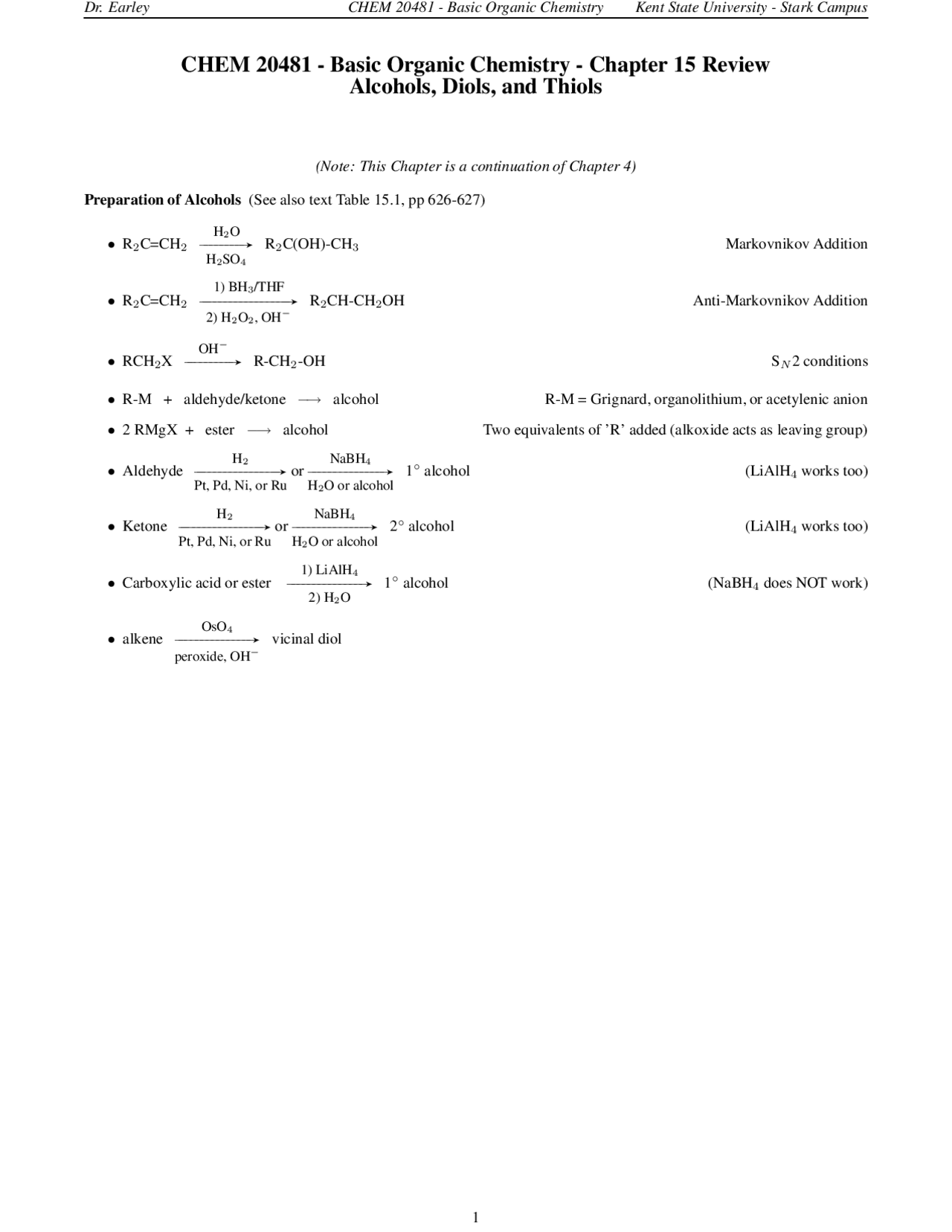 Basic Organic Chemistry - Alcohols, Diols and Thiols | CHEM 20481 - Docsity