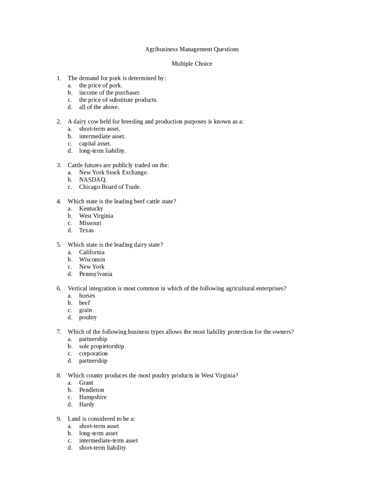 Agribusiness Management Questions Multiple Choice AGEE 203