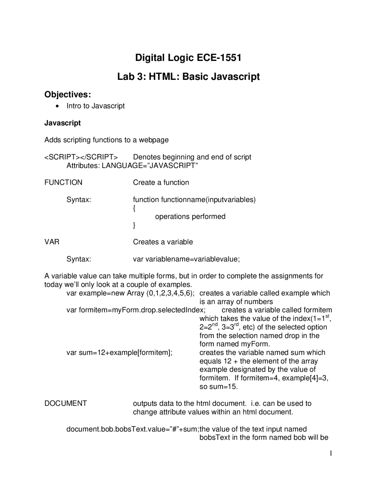 Basic Javascript - Digital Logic - Lab 3 | ECE 1551 - Docsity