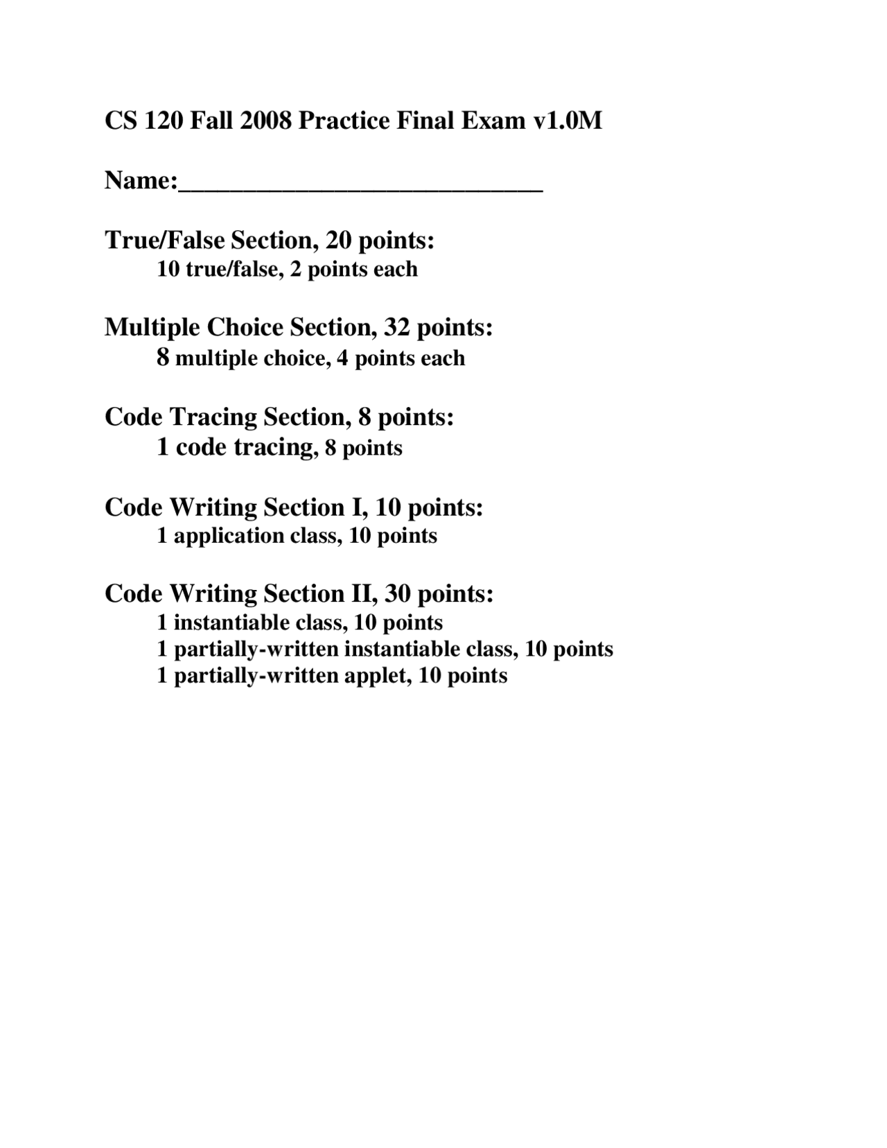 Practice Questions for Final Exam - Computer Science I | CS 120 - Docsity