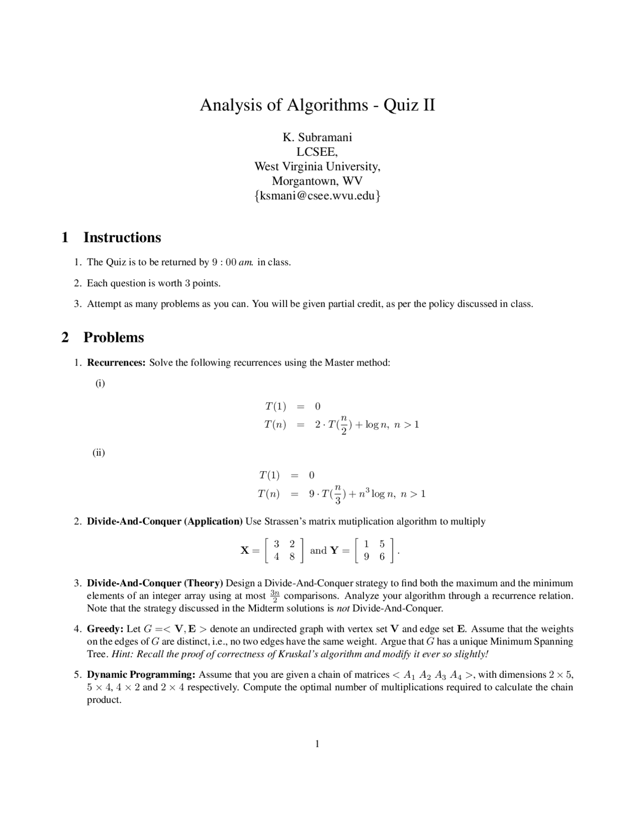 Algorithm Analysis Practice 5 Problems on Analysis of Algorithms - Quiz 2 | CS 221 - Docsity