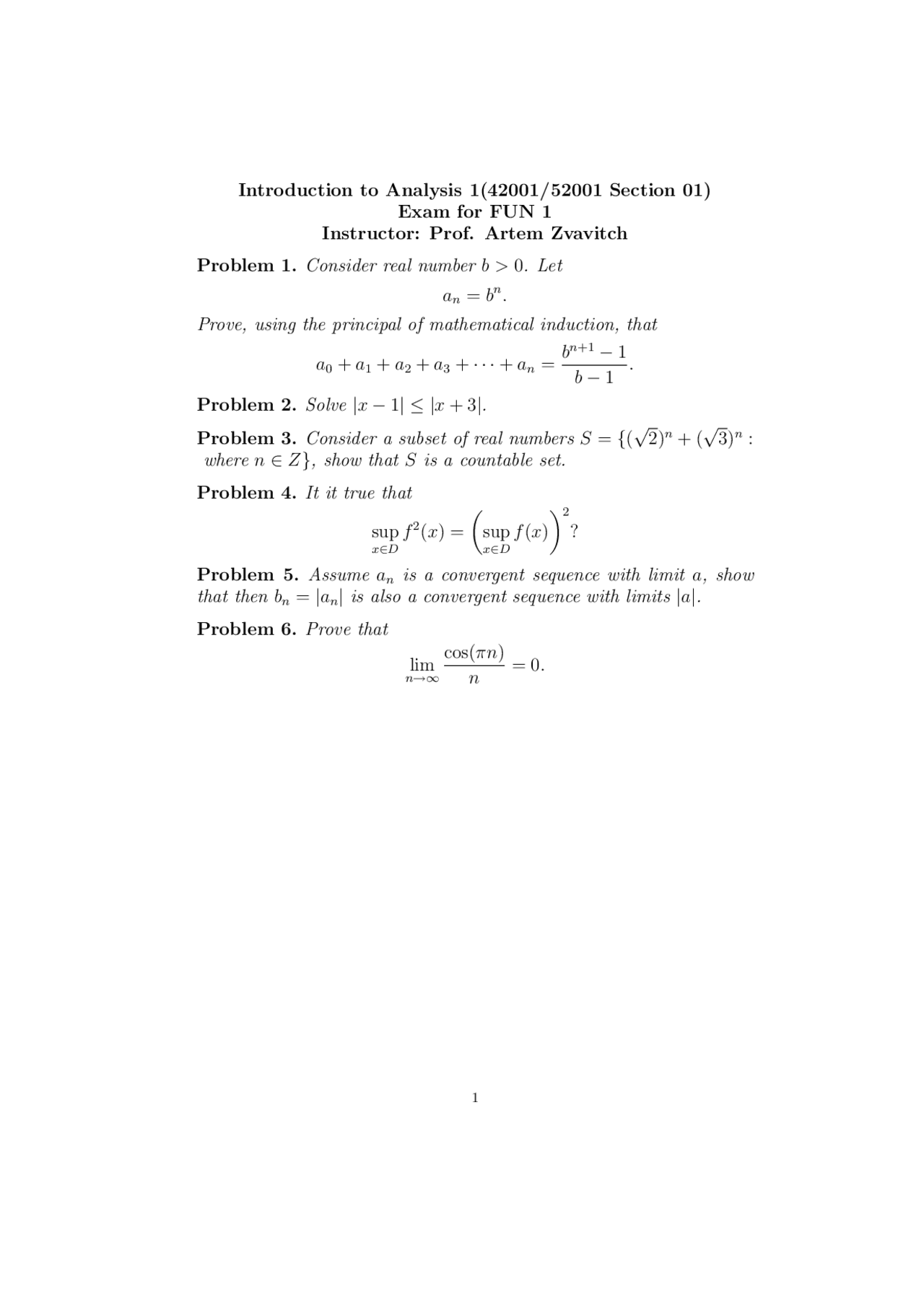 Introduction to Analysis I - Exam Problems to Solve | MATH 42001 - Docsity