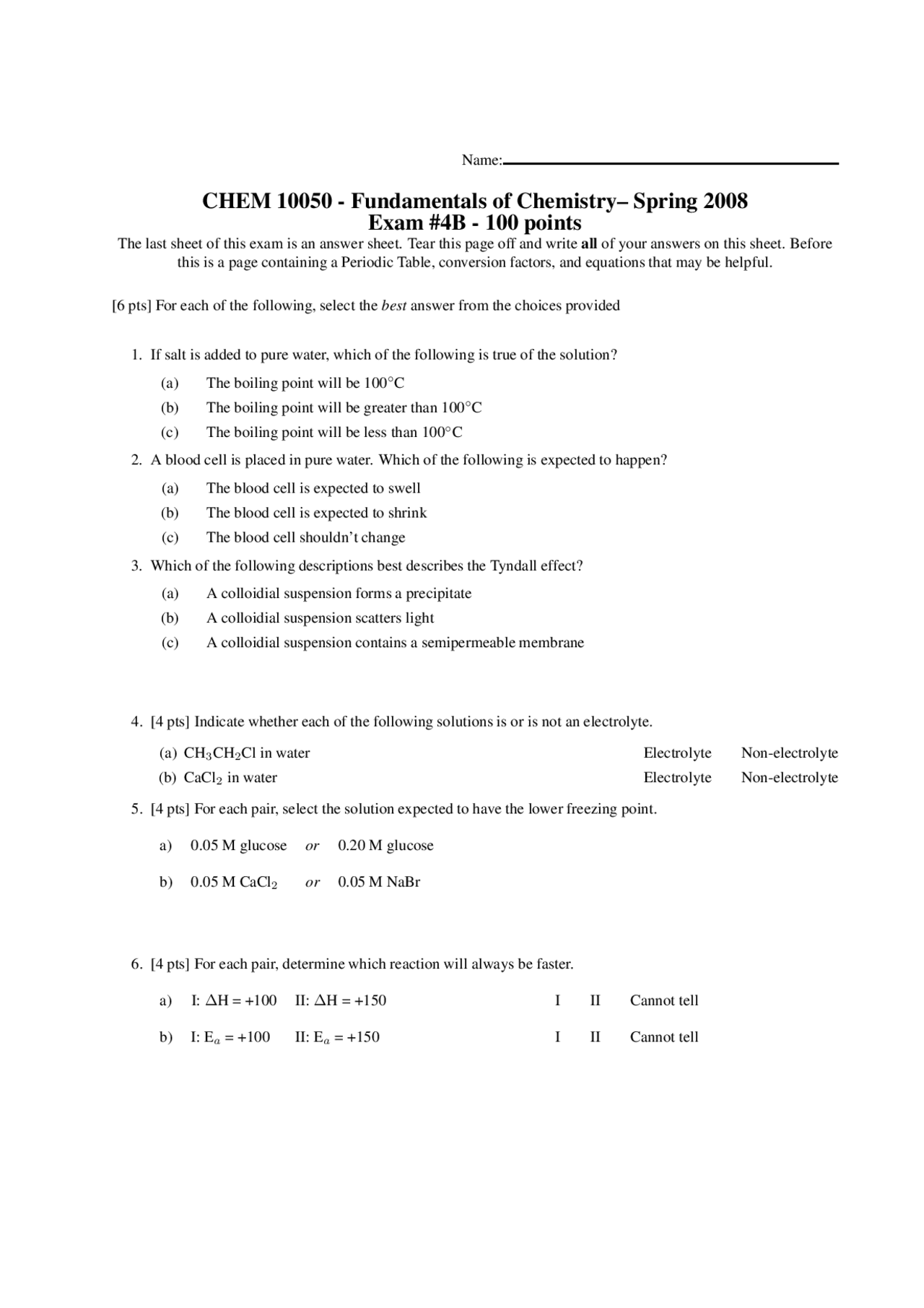 Old Lab Exam Papers Old Exam 4B with Answers Key - Fundamentals of Chemistry | CHEM 10050 ...