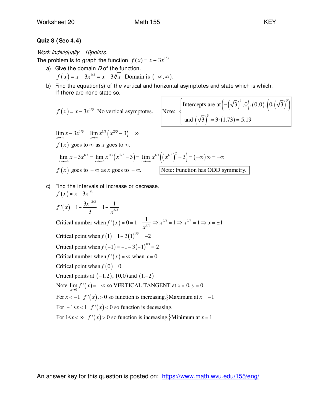 5 Solved Problems on Calculus I - Quiz 8 | MATH 155 - Docsity