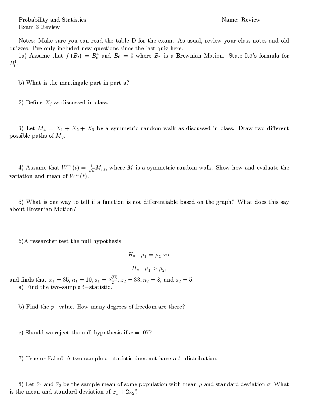 Exam 3 Review - Probability and Statistics | MATH 10023 - Docsity