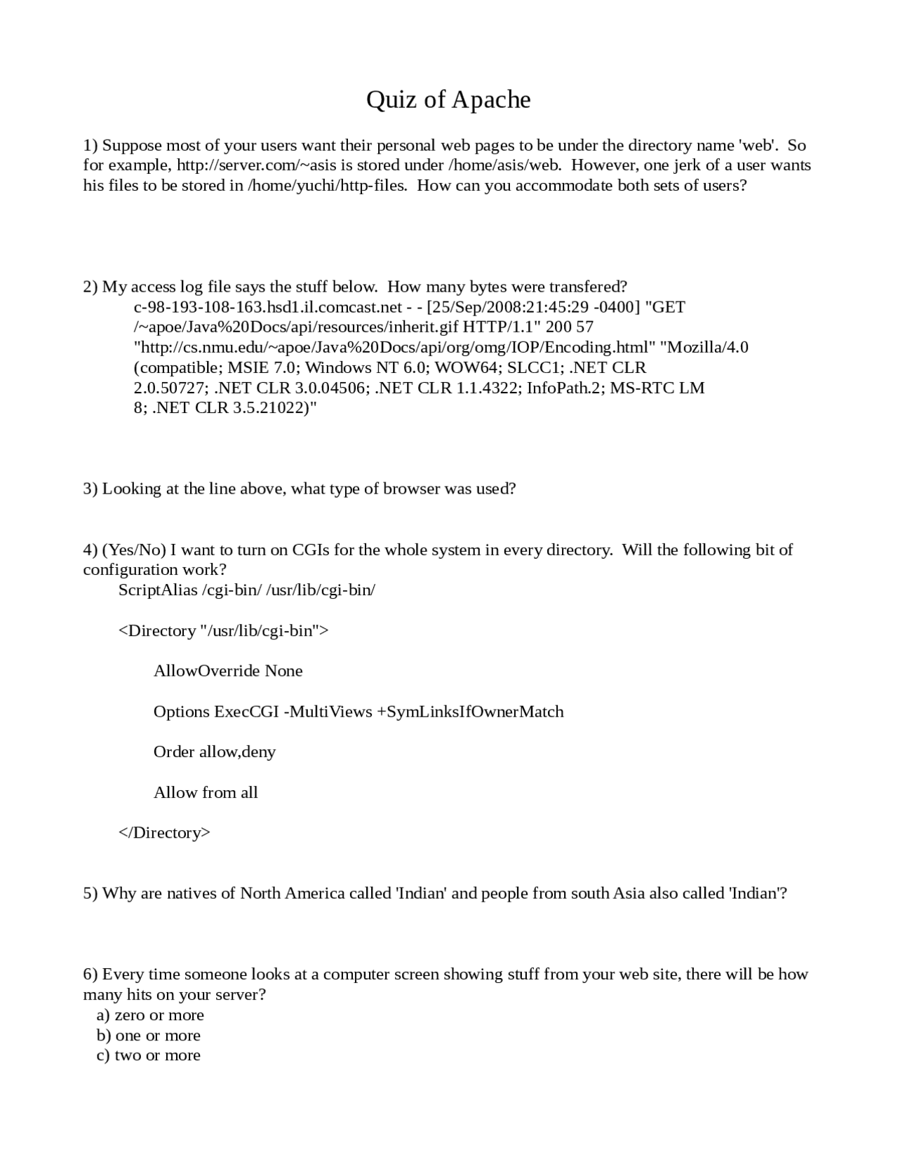 Quiz of Apache Unsolved Questions CS 302 Docsity