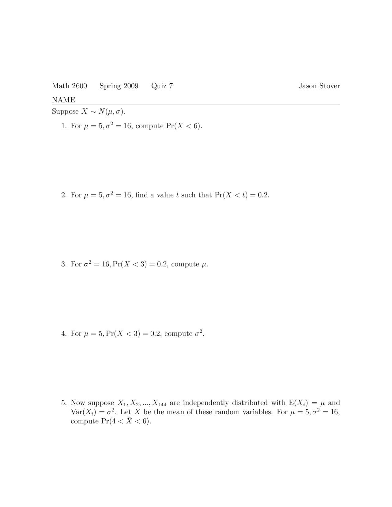 Quiz 7 Problems - Probability and Statistics | MATH 2600 - Docsity