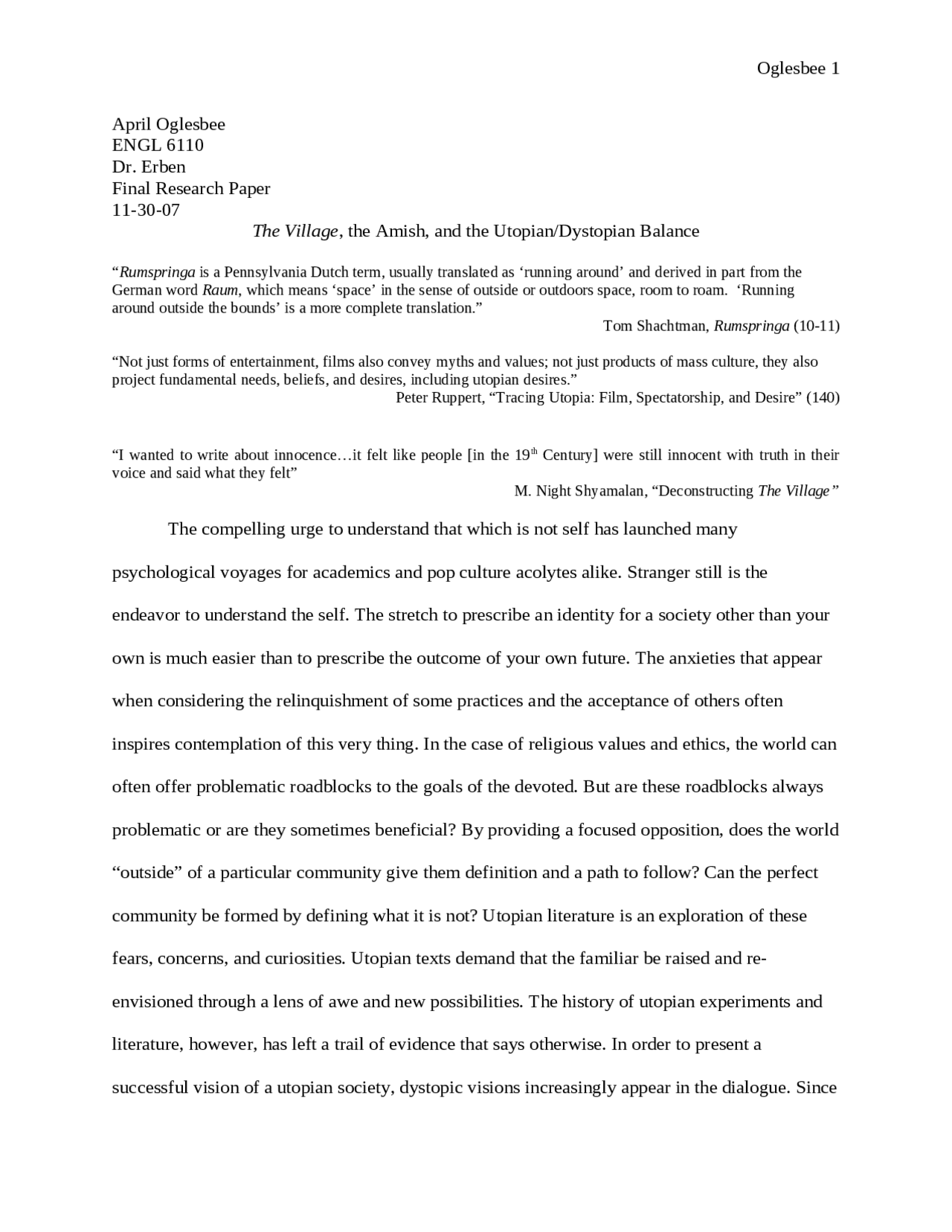 The Village, Amish, Utopian/Dystopian Balance - Final Research Paper ...