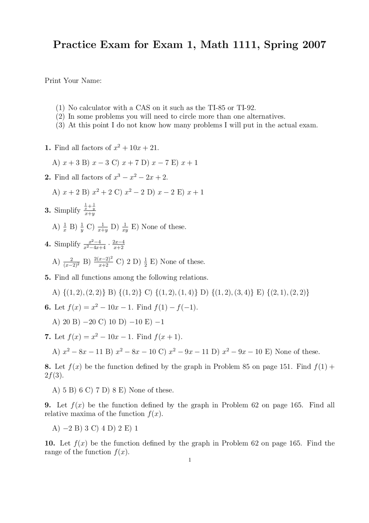 College Math 1111 Practice Exam 1 - College Algebra | MATH 1111 - Docsity