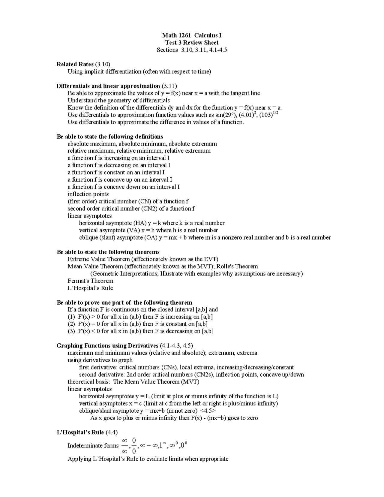 Test 3 Review Sheet for Calculus 1 | MATH 1261 | Exams Calculus | Docsity