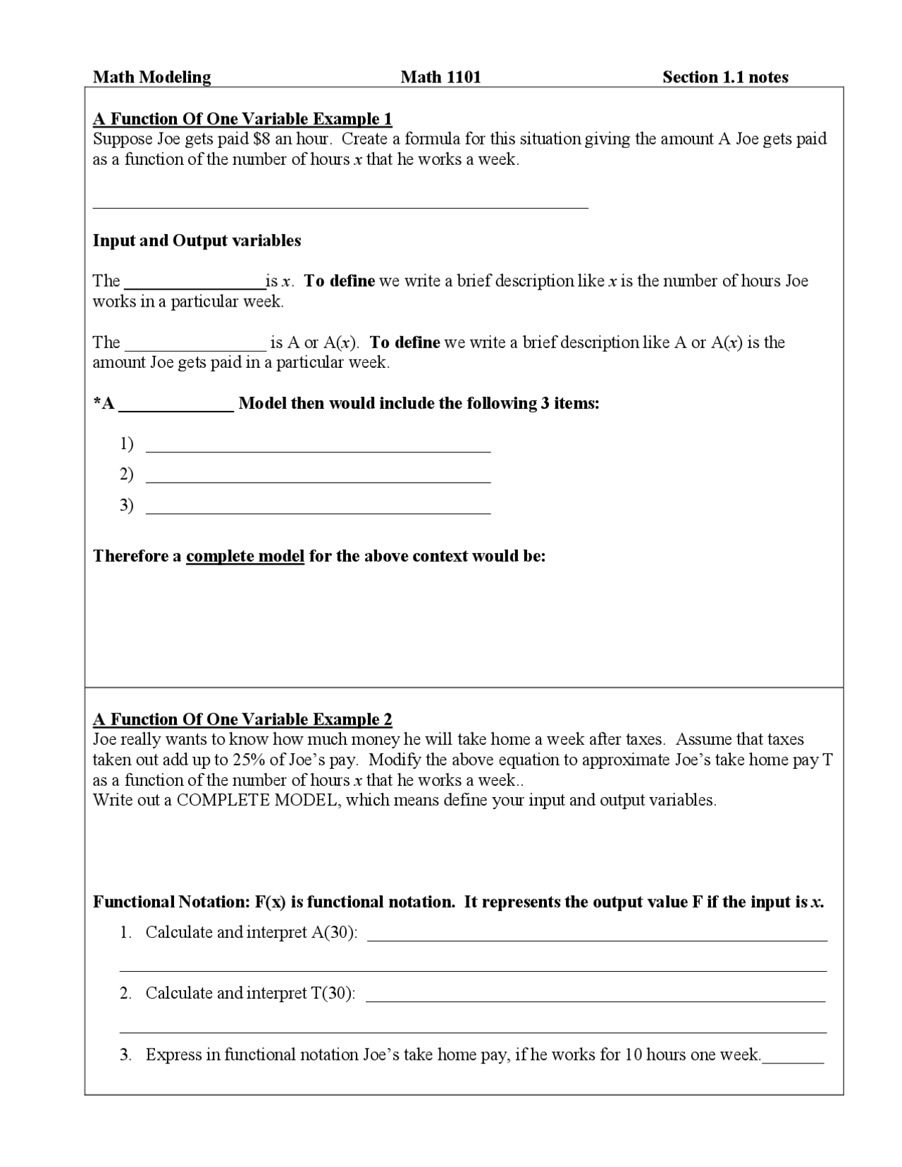 Functions of Input and Output Variables | MATH 1101 - Docsity