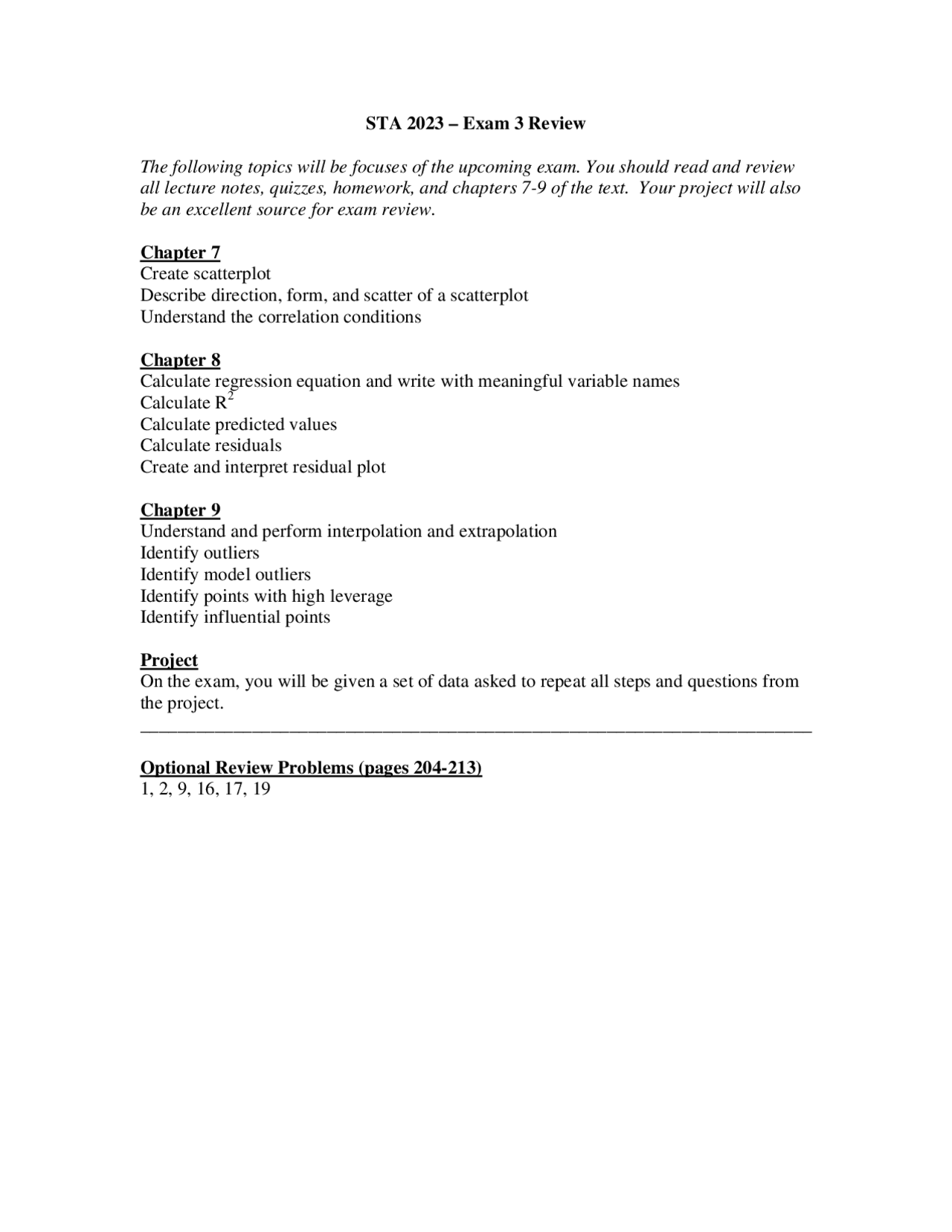 Example Lab Question Sta 233 Exam 3 Review Notes on Statistical Methods | STA 2023 - Docsity