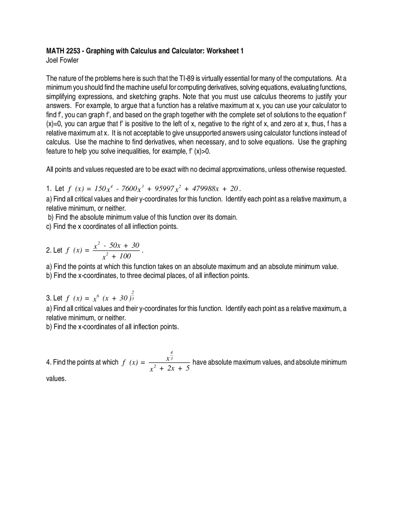 Calc Graphs Practice Worksheet 1 for Graphing with Calculus and Calculator - Calculus I ...