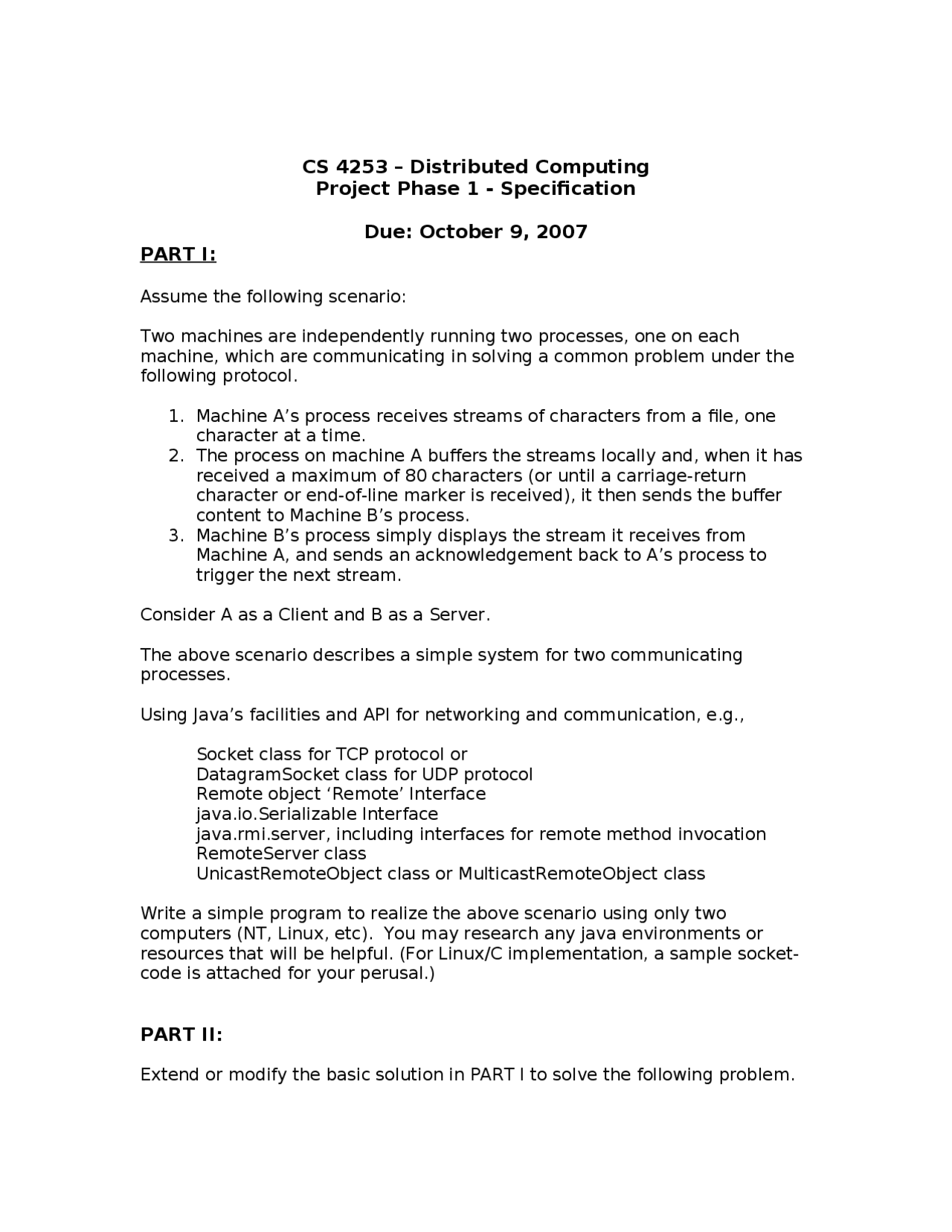 Distributed Computing - Project Phase 1: Specification | CS 4253 - Docsity