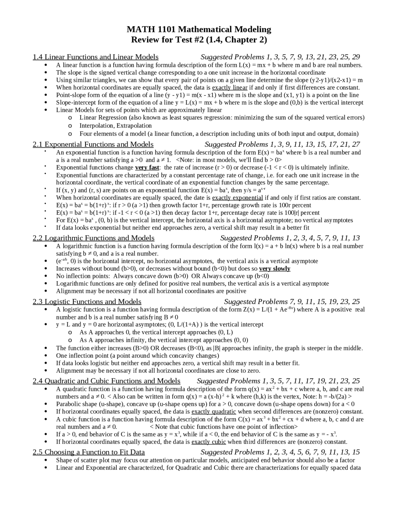 Review Sheet for Exam 2 - Mathematical Modeling | MATH 1101 - Docsity