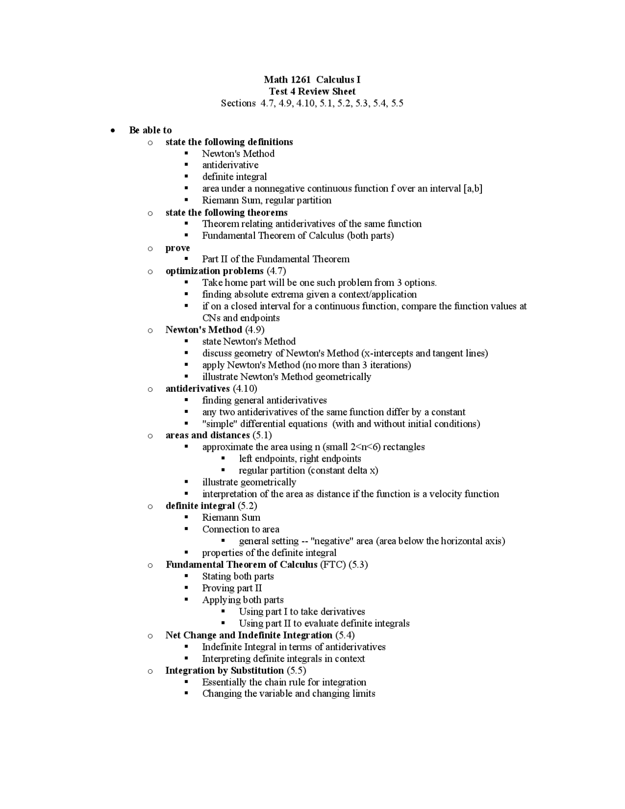 Exam 4 Review Sheet for Calculus I | MATH 1261 - Docsity