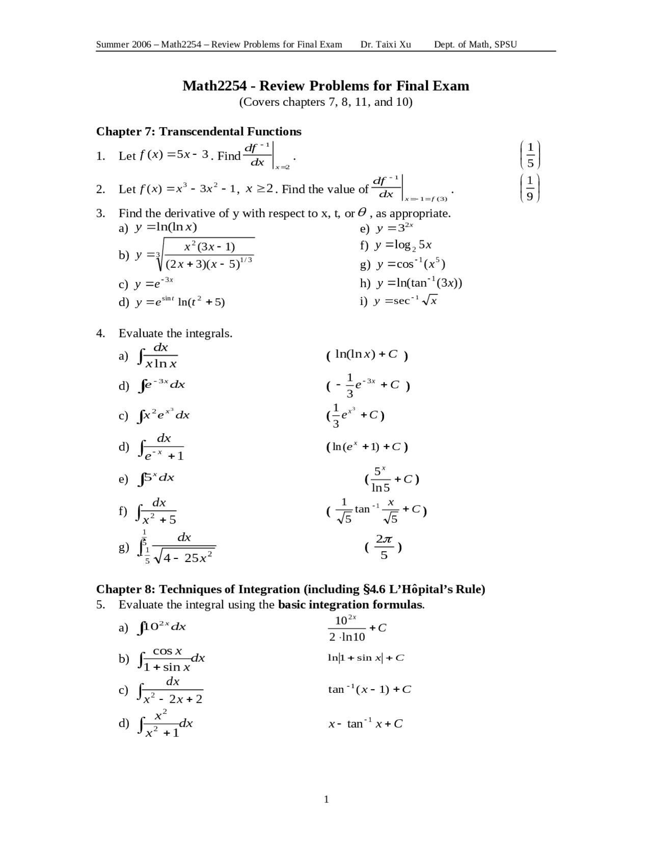 Calculus 22 Problem Review Problems for Final Exam - Calculus II | MATH 2254 - Docsity