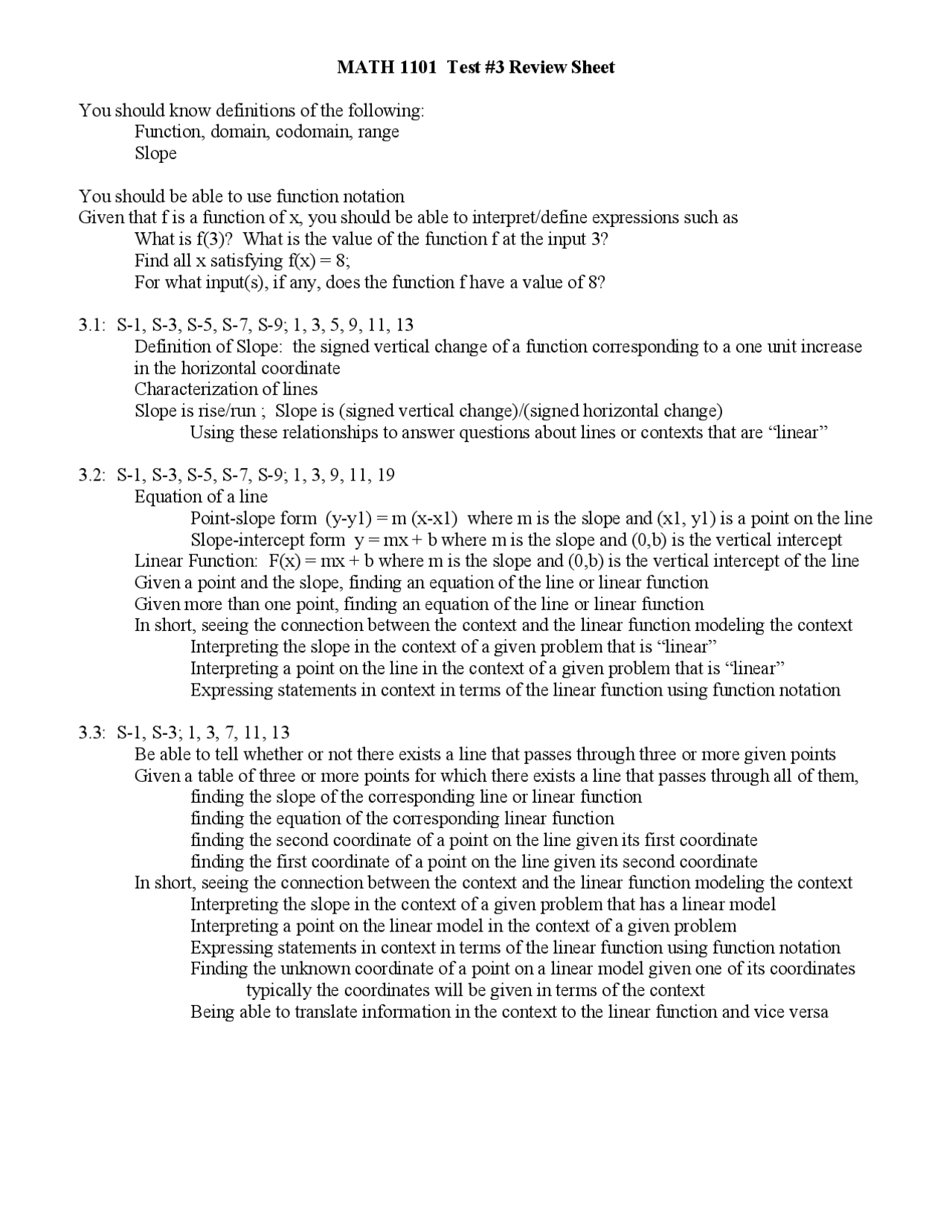 Test 3 Review sheet - Introduction to Mathematical Modeling | MATH 1101 ...