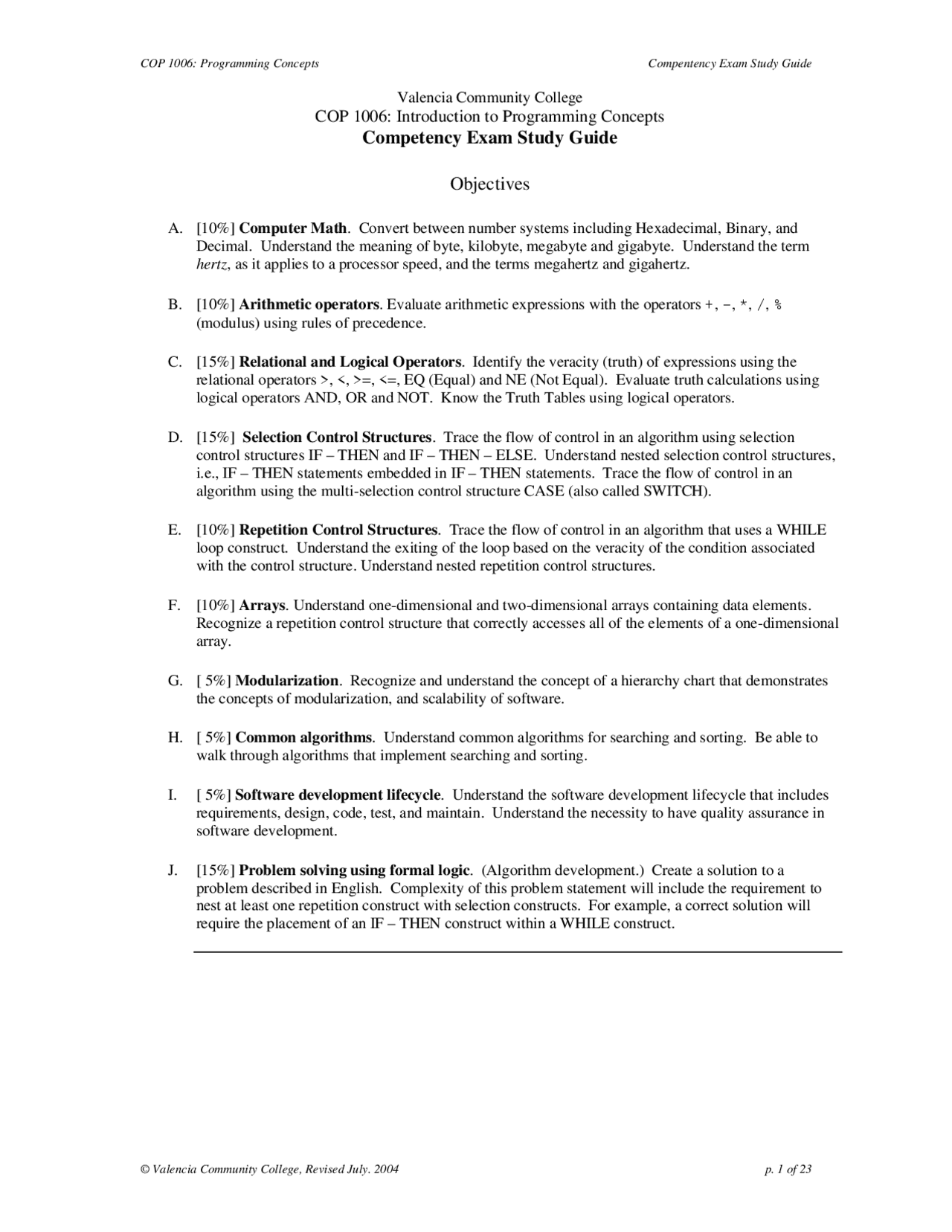 Competency Exam Study Guide - Programming Concepts | COP 1006 - Docsity