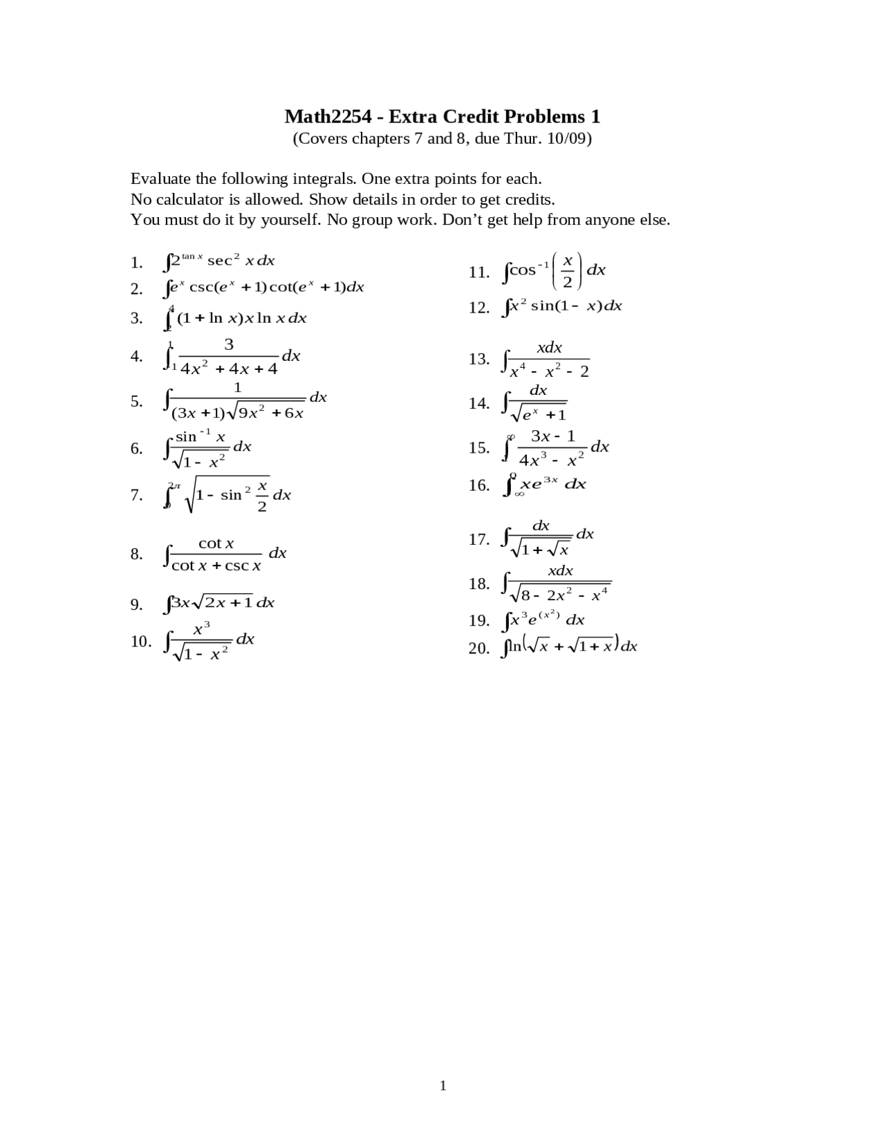 Derivative - Extra Credit Problems #1 - Calculus II | MATH 2254 - Docsity