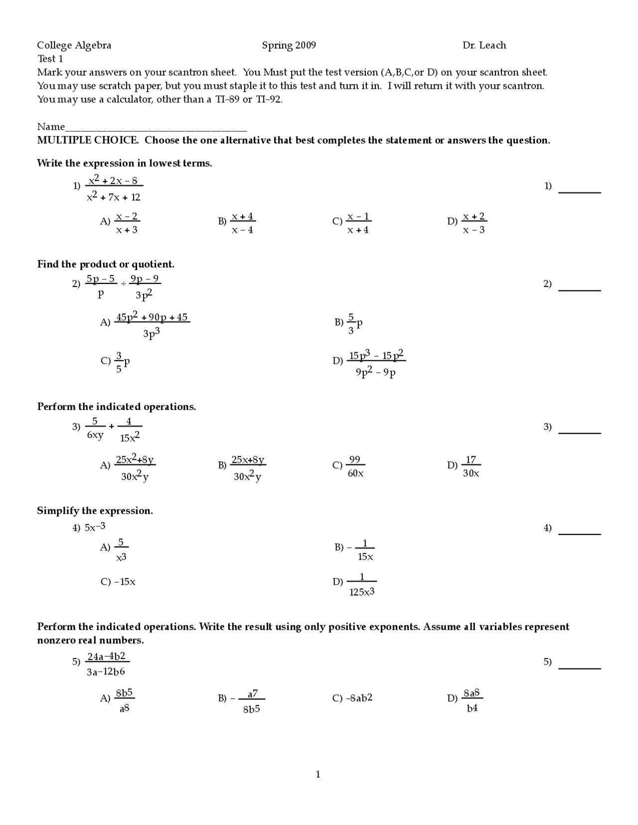 Test 1 with Answer Key - College Algebra | MATH 1111 - Docsity
