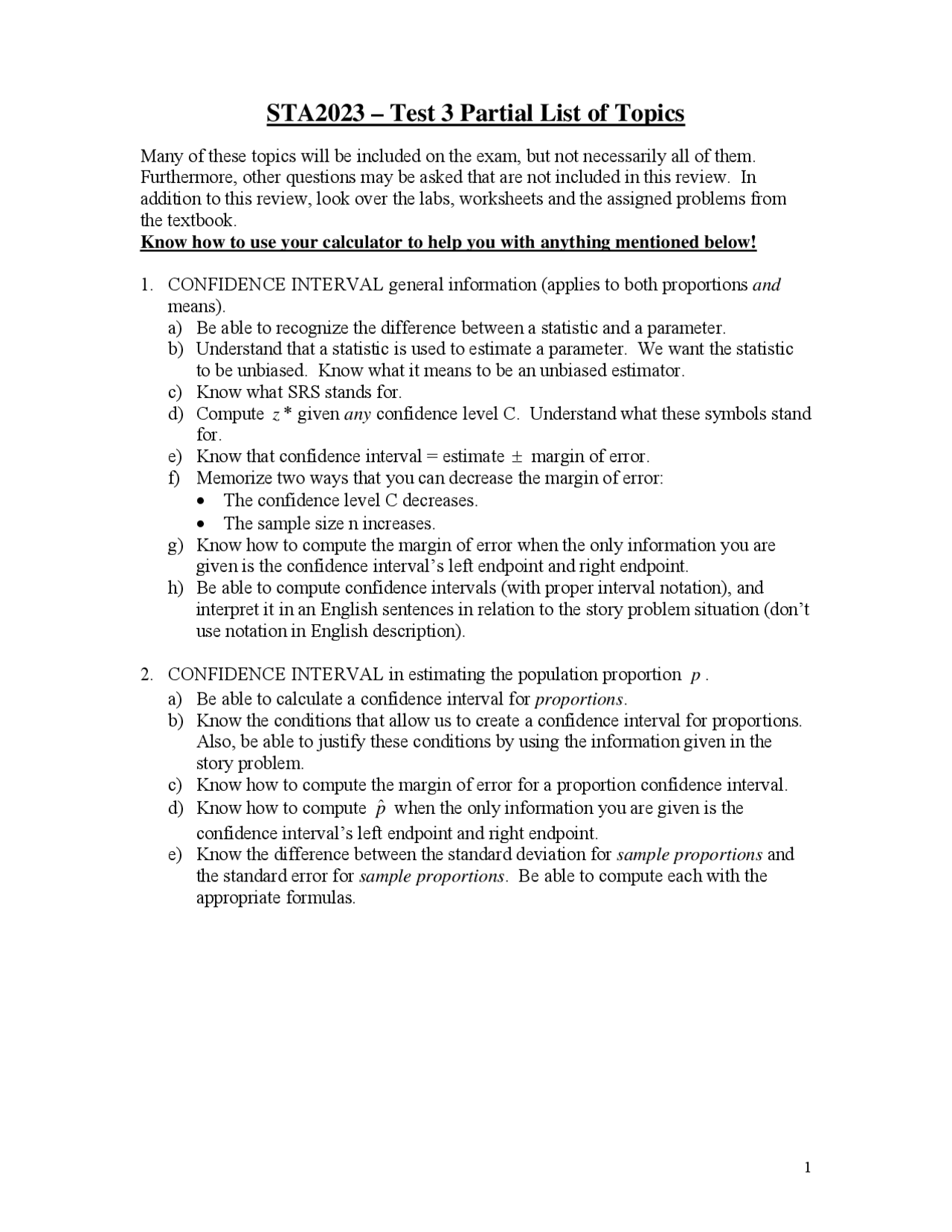 Exam 3 Partial List of Topics - Statistical Methods | STA 2023 - Docsity