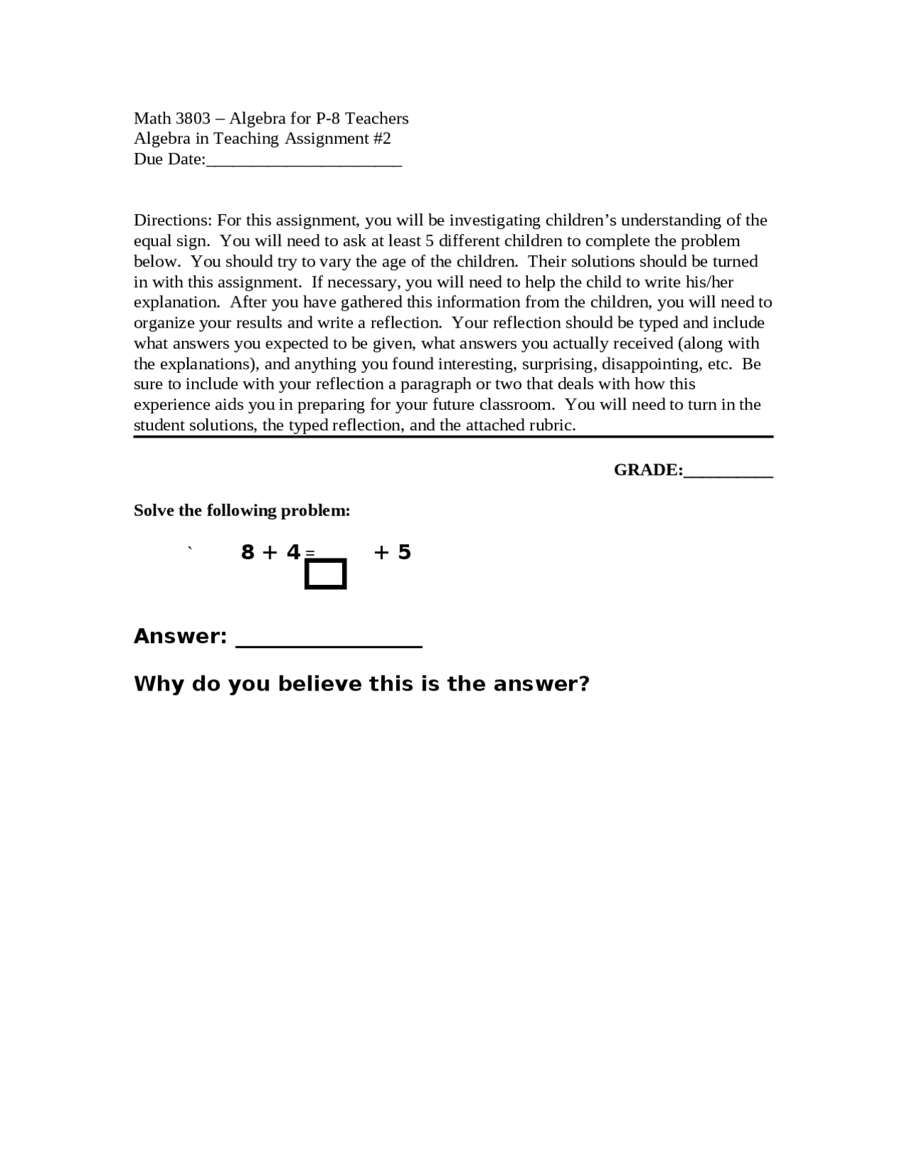 Teacher Assignment Math Algebra in Teaching Assignment 2 - Algebra for P-8 Teachers I | MATH ...