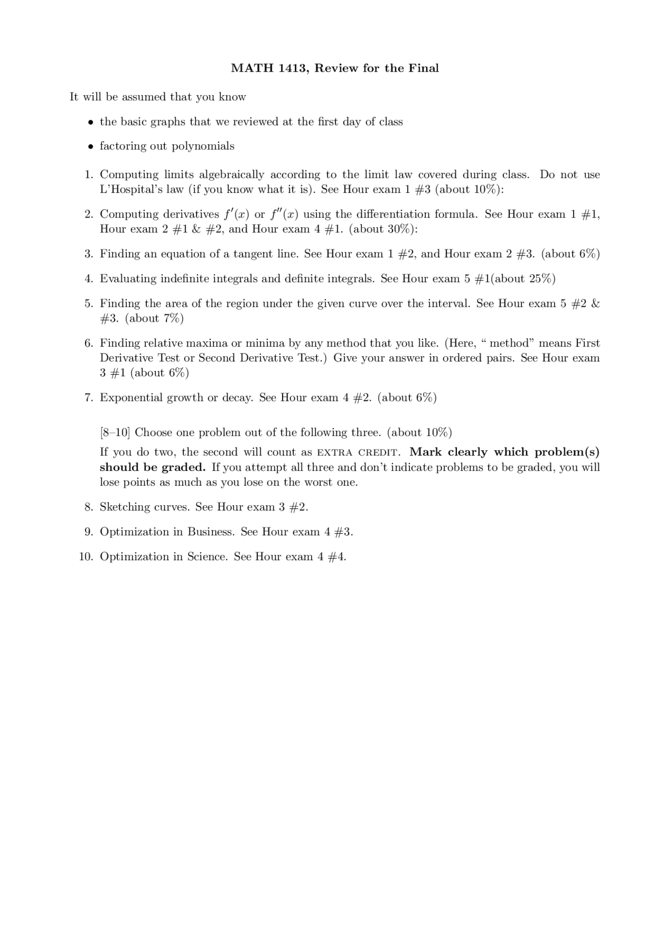 Survey of Calculus - Review for Final Exam | MATH 1413 - Docsity