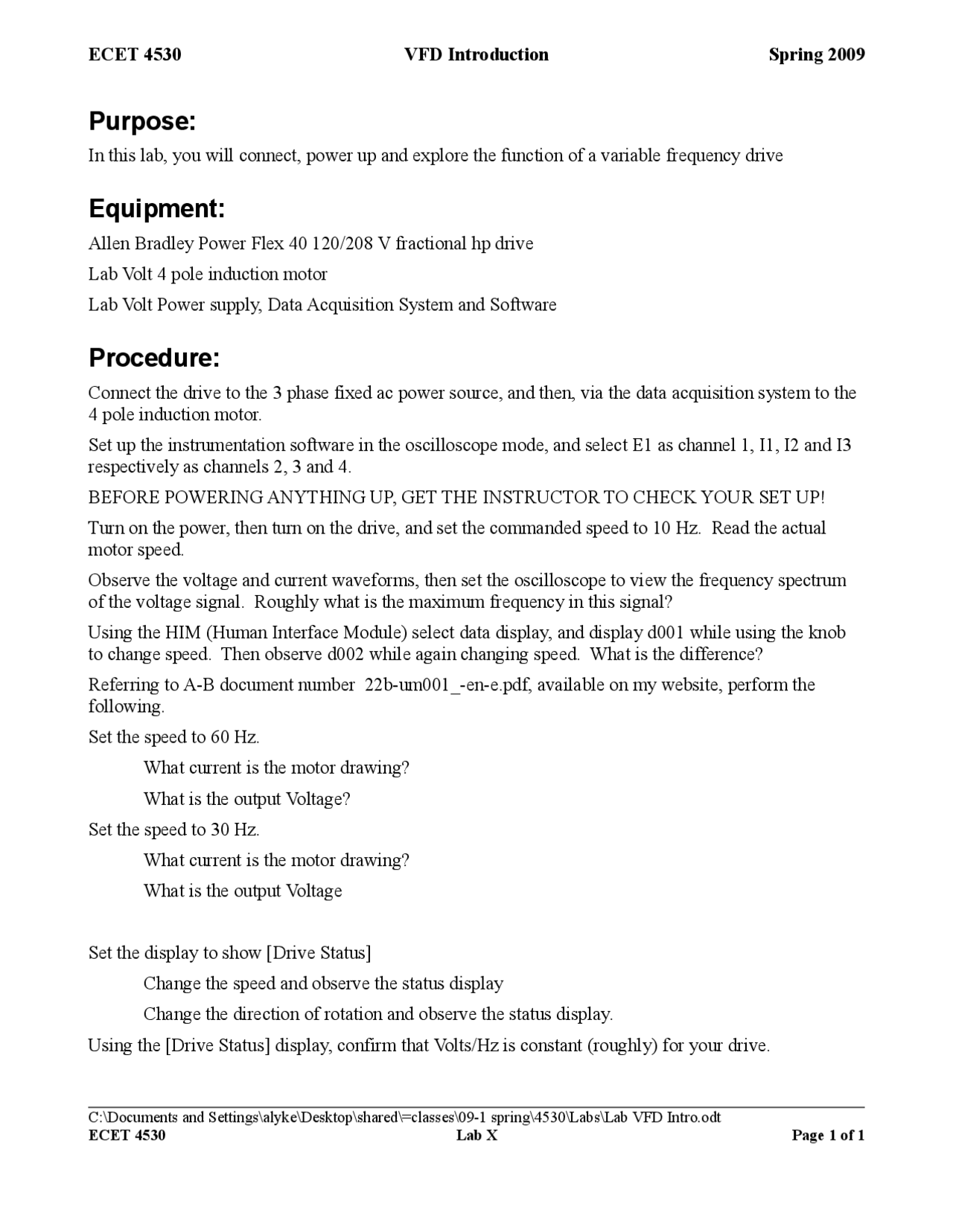 VFD Introduction Industrial Motor Control Lab ECET 4530 Docsity
