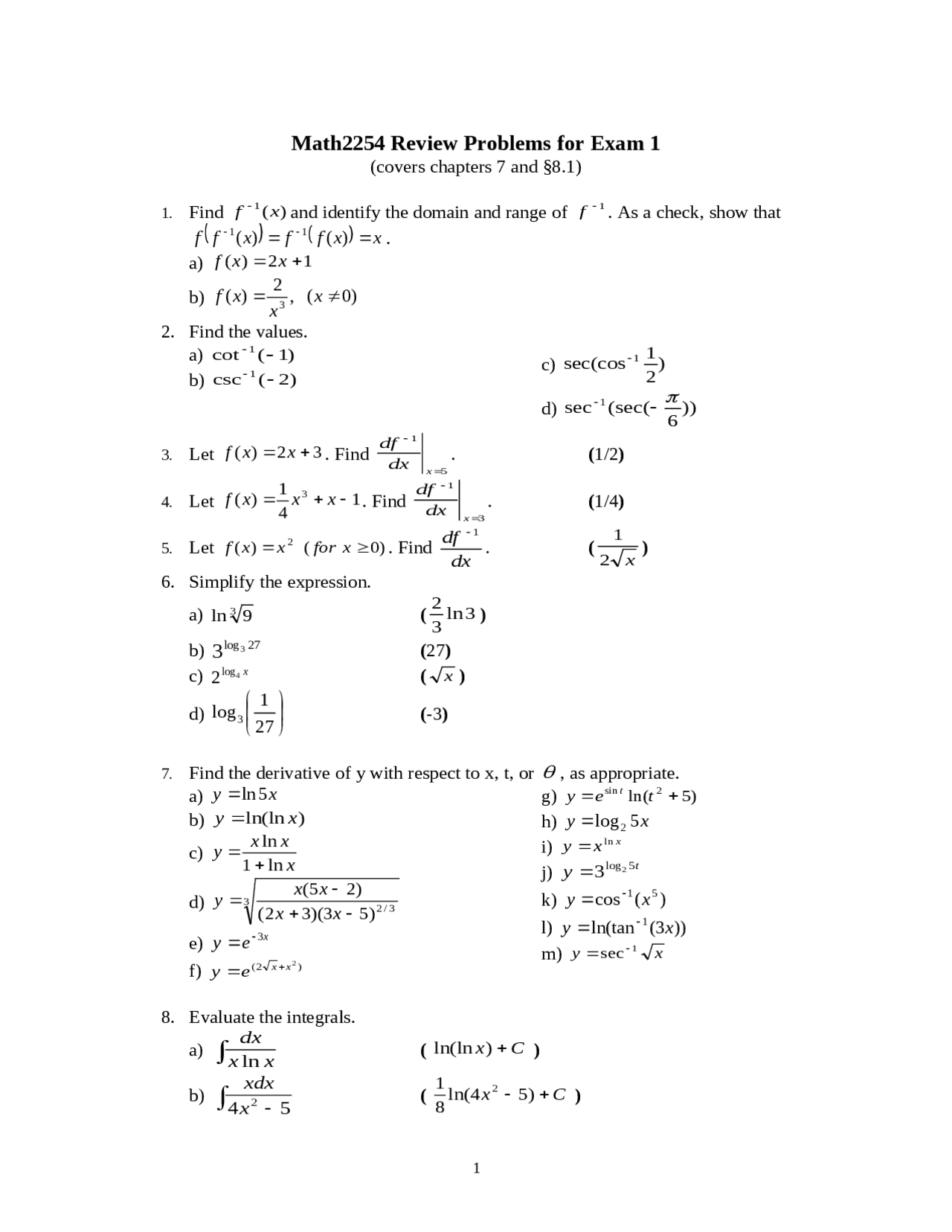 Calculus 2 Long Problem Review Problems for Exam 1 - Calculus II | MATH 2254 - Docsity