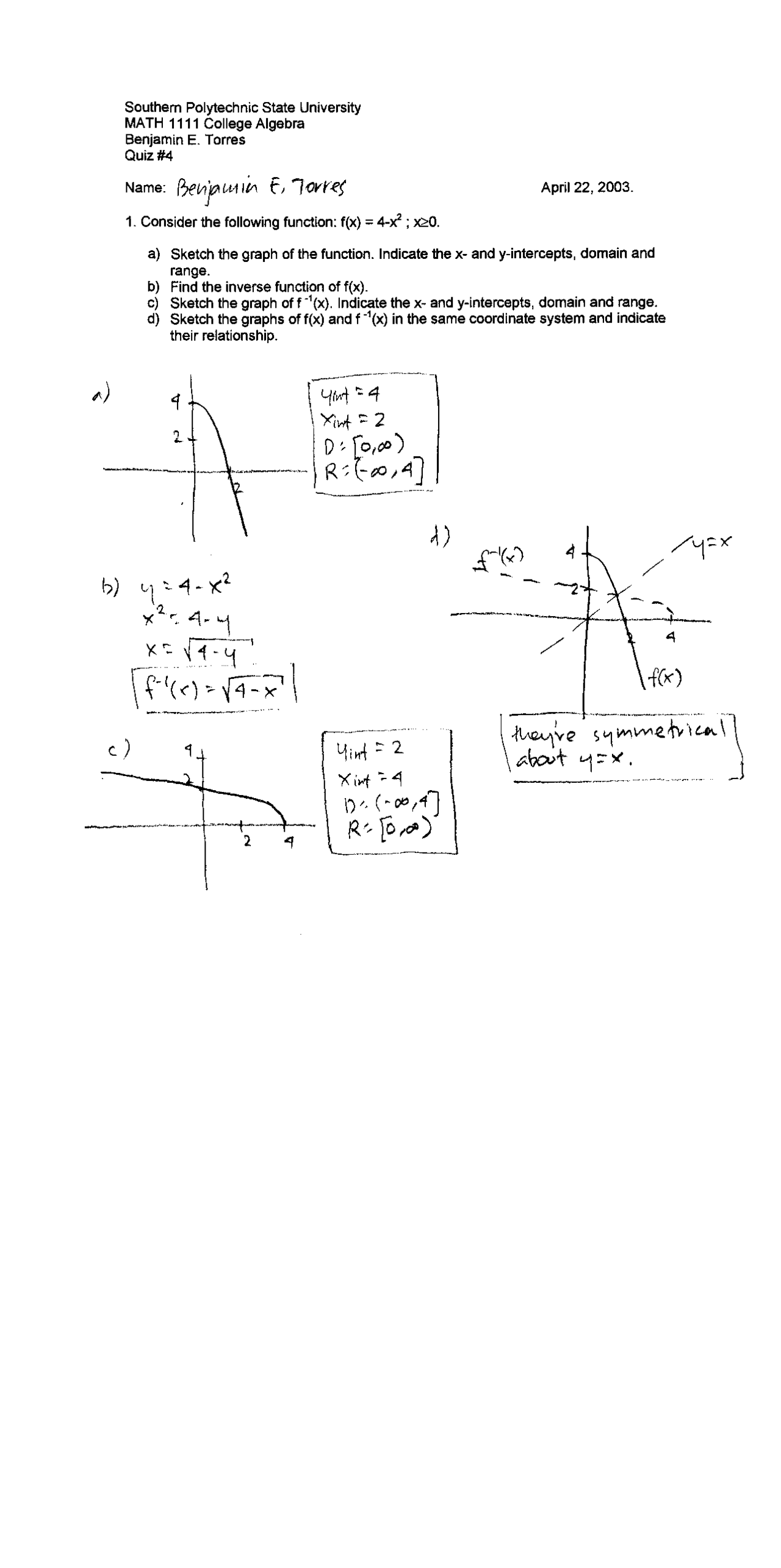 College Math 1111 Solution of Quiz 4 - College Algebra | MATH 1111 - Docsity