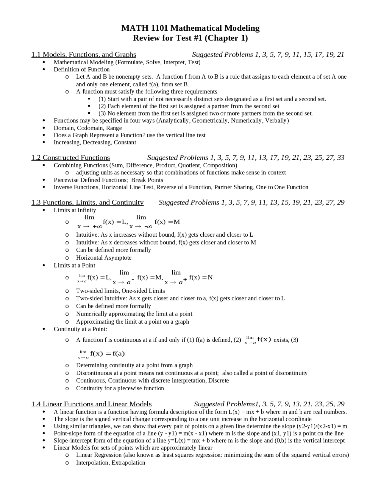 Review for Exam 1 - Introduction to Mathematical Modeling | MATH 1101 ...