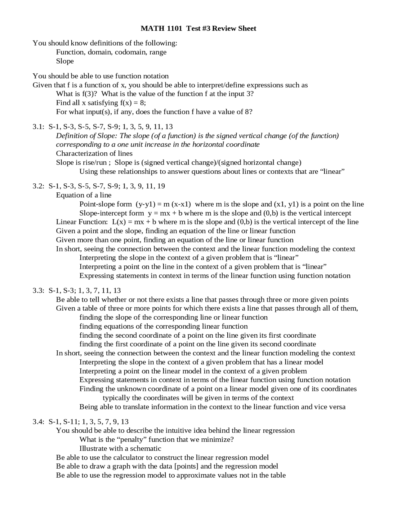 Test 3 Review Sheet - Introduction to Mathematical Modeling | MATH 1101 ...