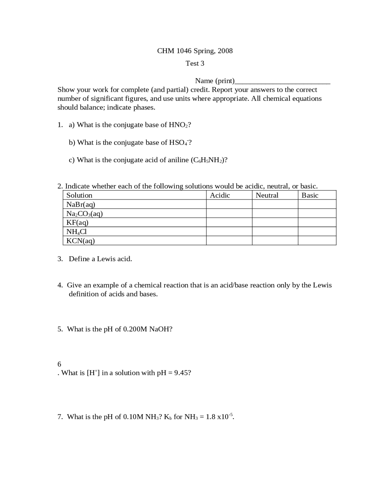 10 Questions on Molar Solubility - Exam 3 | CHM 1046C - Docsity