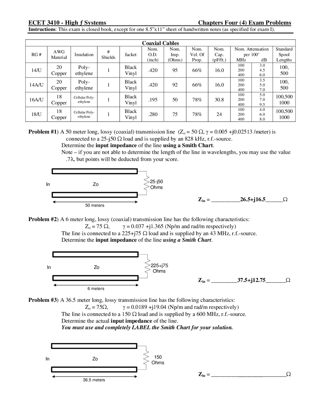 ECET 3410: Coaxial Cables Exam Problems - Determining Input Impedance ...