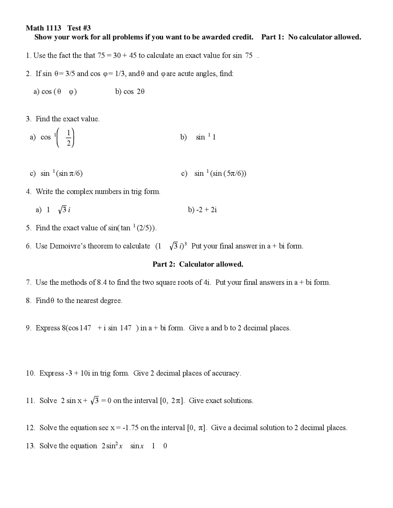 13 Questions Test #2 - Precalculus | MATH 1113 | Exámenes Pre-Calculus ...