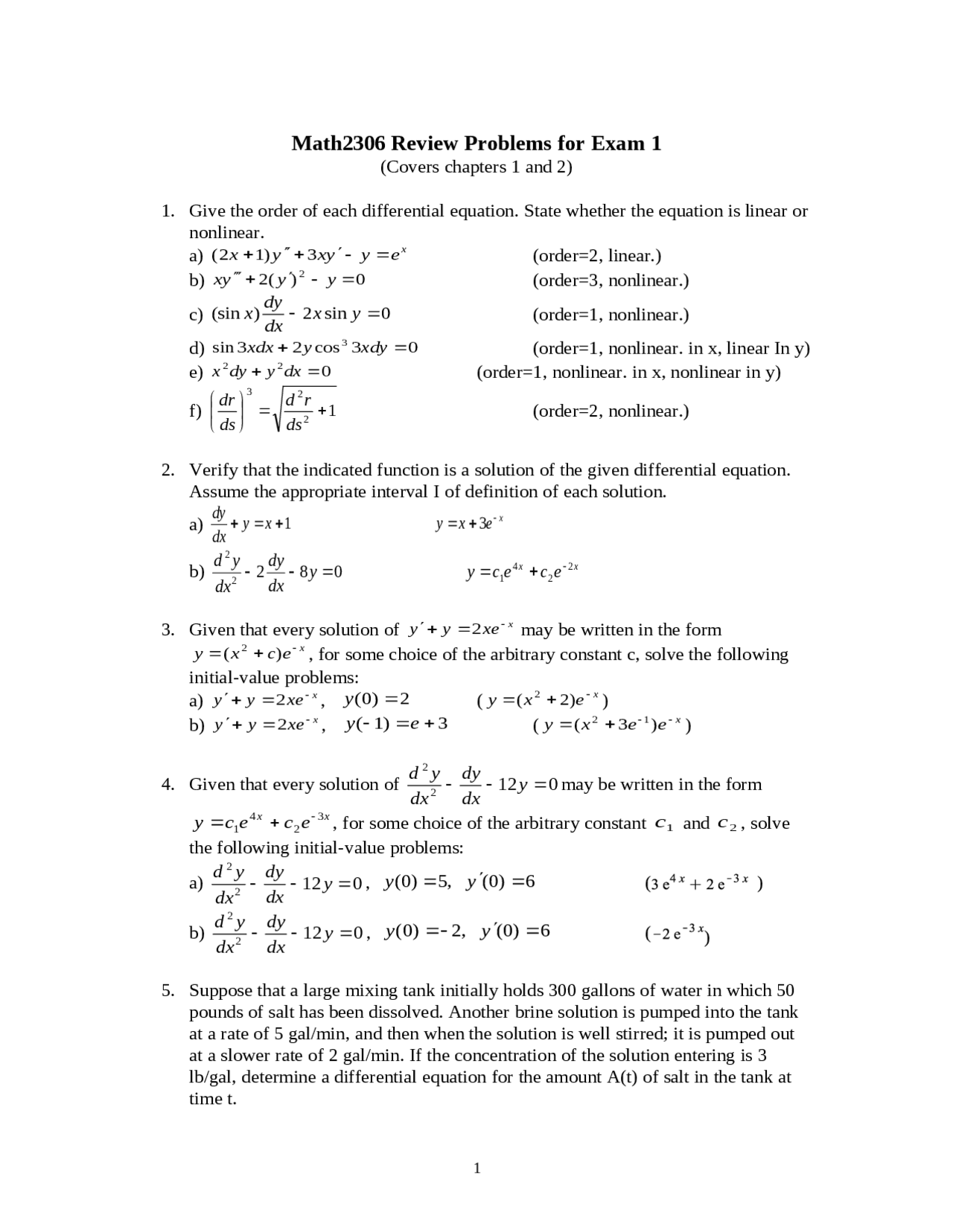 Review Problems For Exam 1 Ordinary Differential Equation Math 2306 Docsity