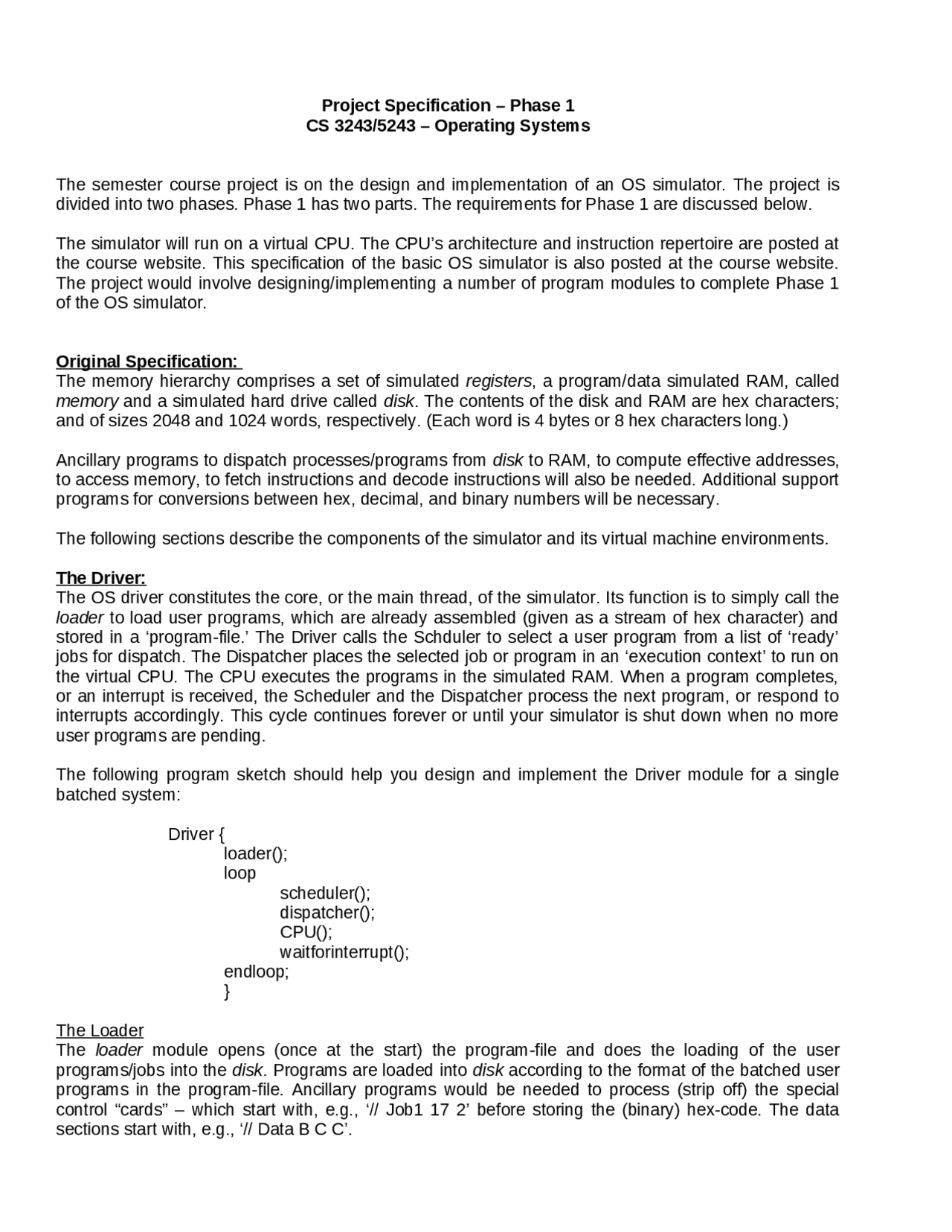 Design and Implementation of an OS Simulator - Project | CS 3243 - Docsity