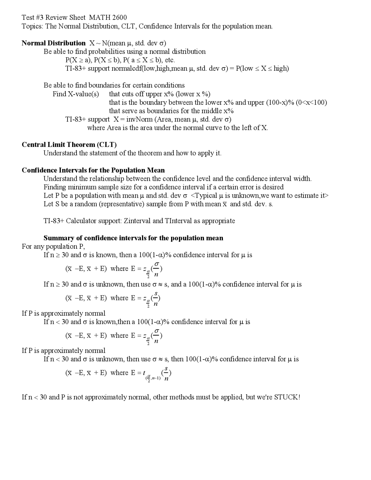 The Normal Distribution, CLT - Test #3 Review Sheet | MATH 2600 - Docsity