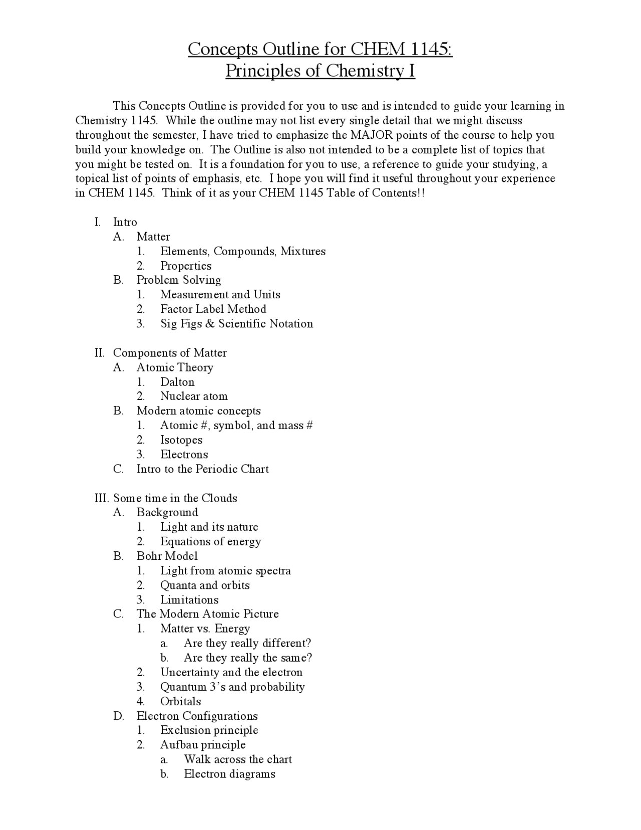 Note- Concept Outline for Chemistry - Principles of Chemistry I Lab ...