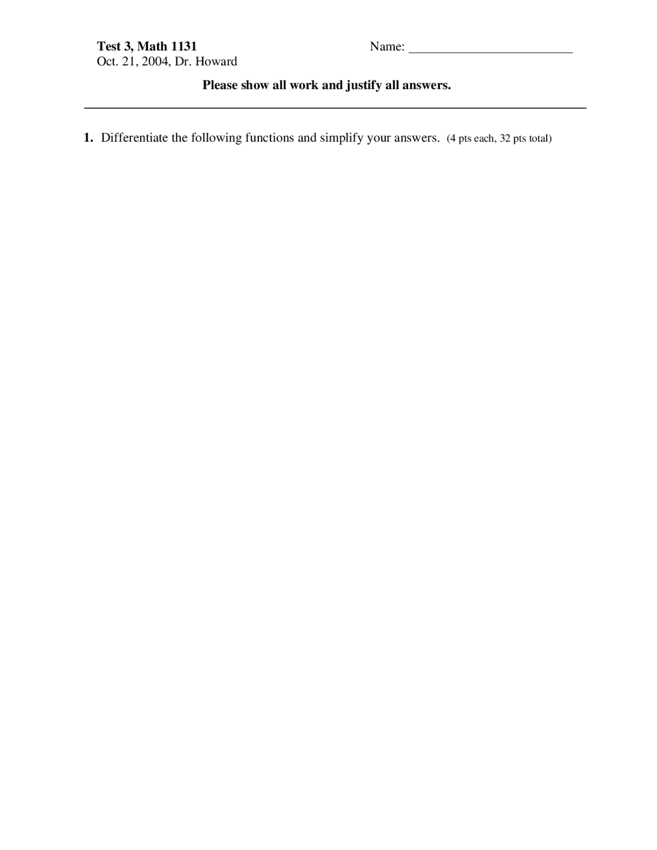Exam 3 Review Questions - Calculus with Analytic Geometry 1 | MATH 1131 ...